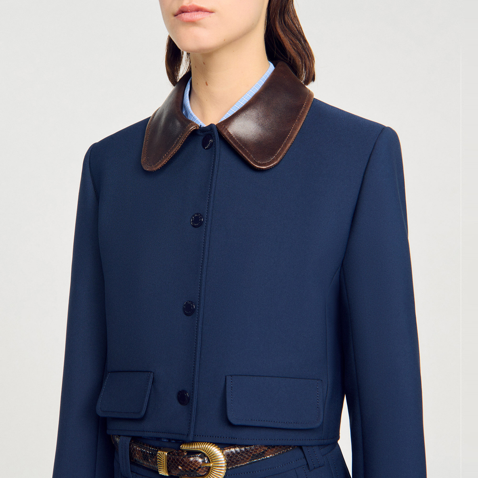 Cropped jacket with leather collar - Women | Sandro