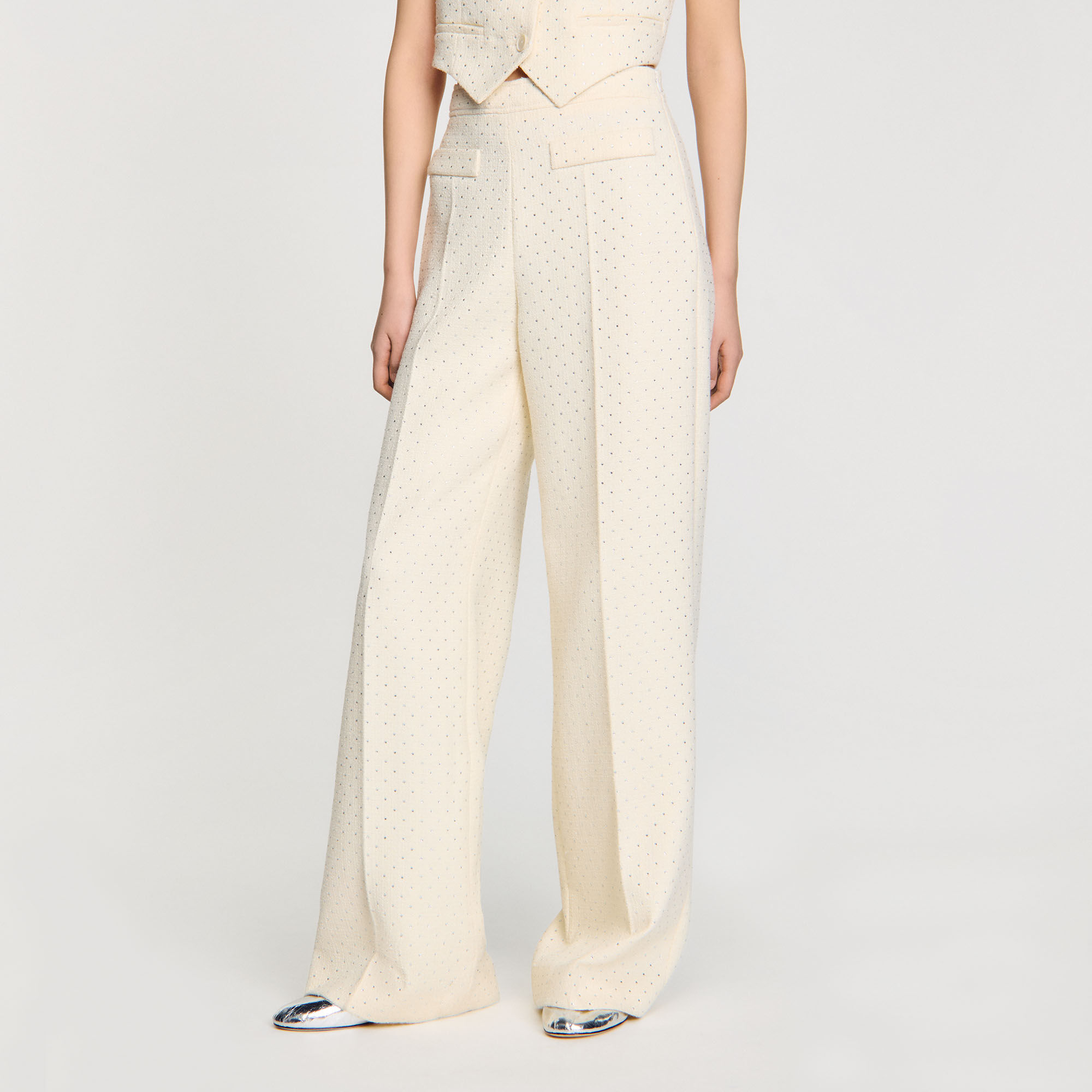 Tweed rhinestone-covered trousers