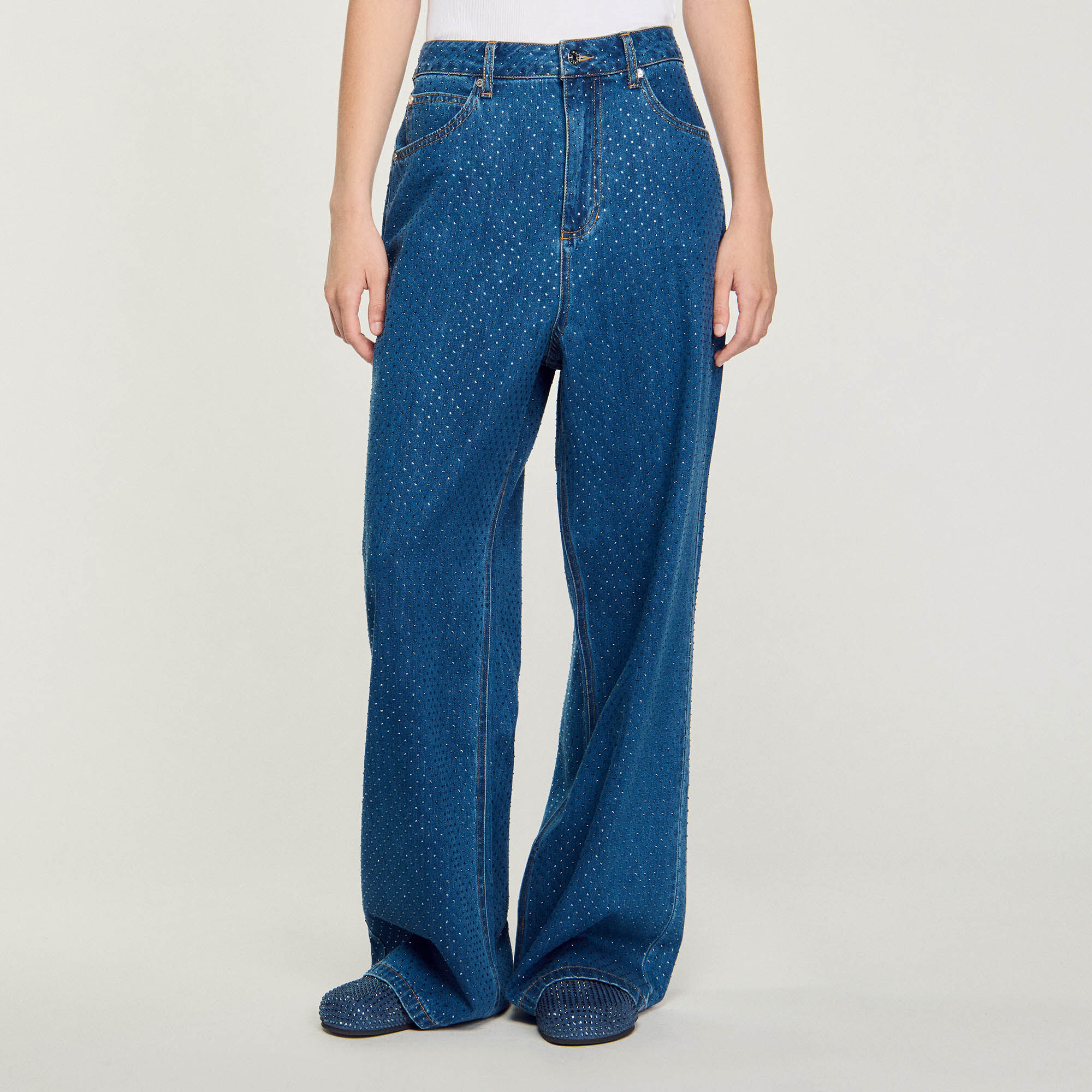 Wide-leg rhinestone jeans