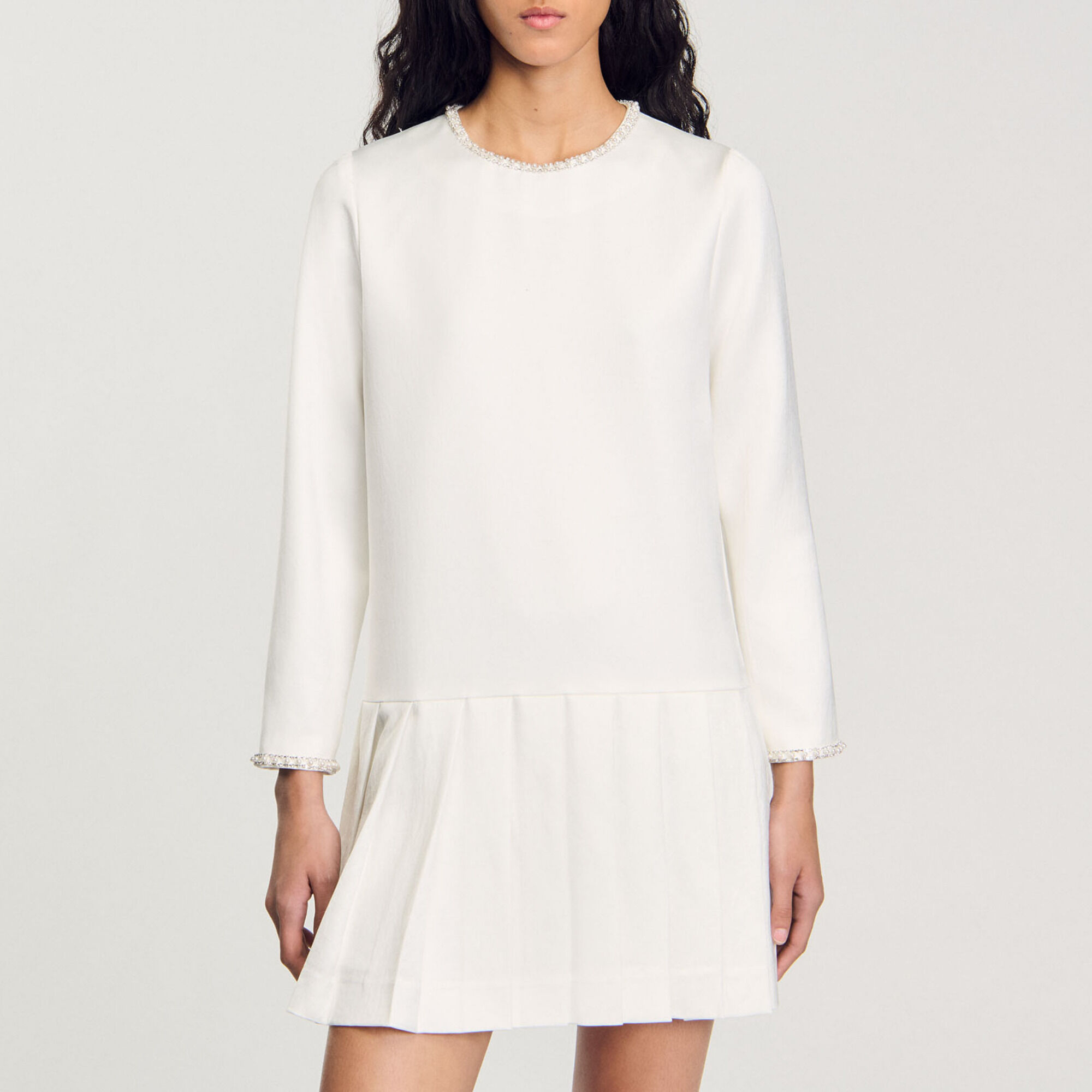 Short satin-effect beaded dress