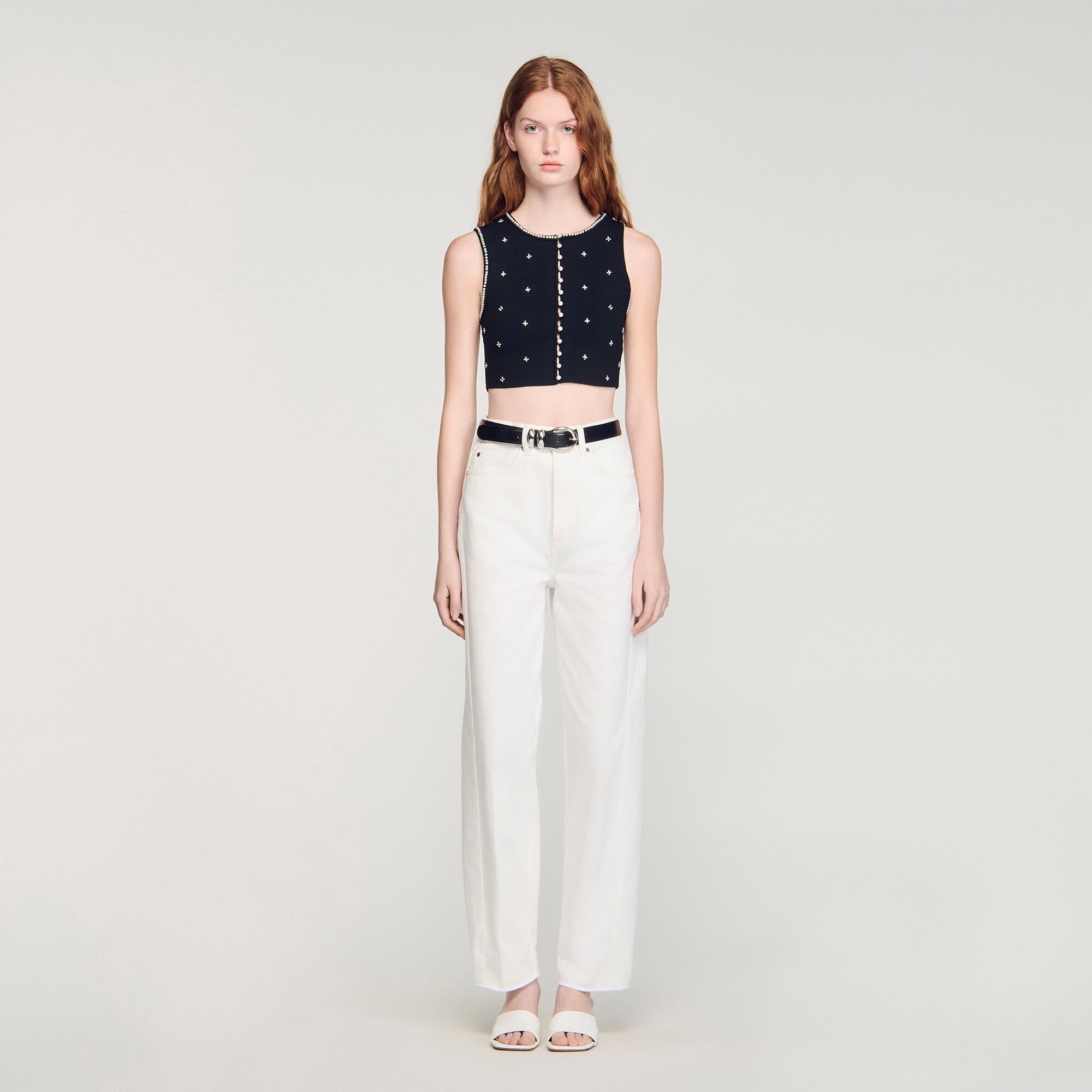 Jewelled embroidered knit crop top