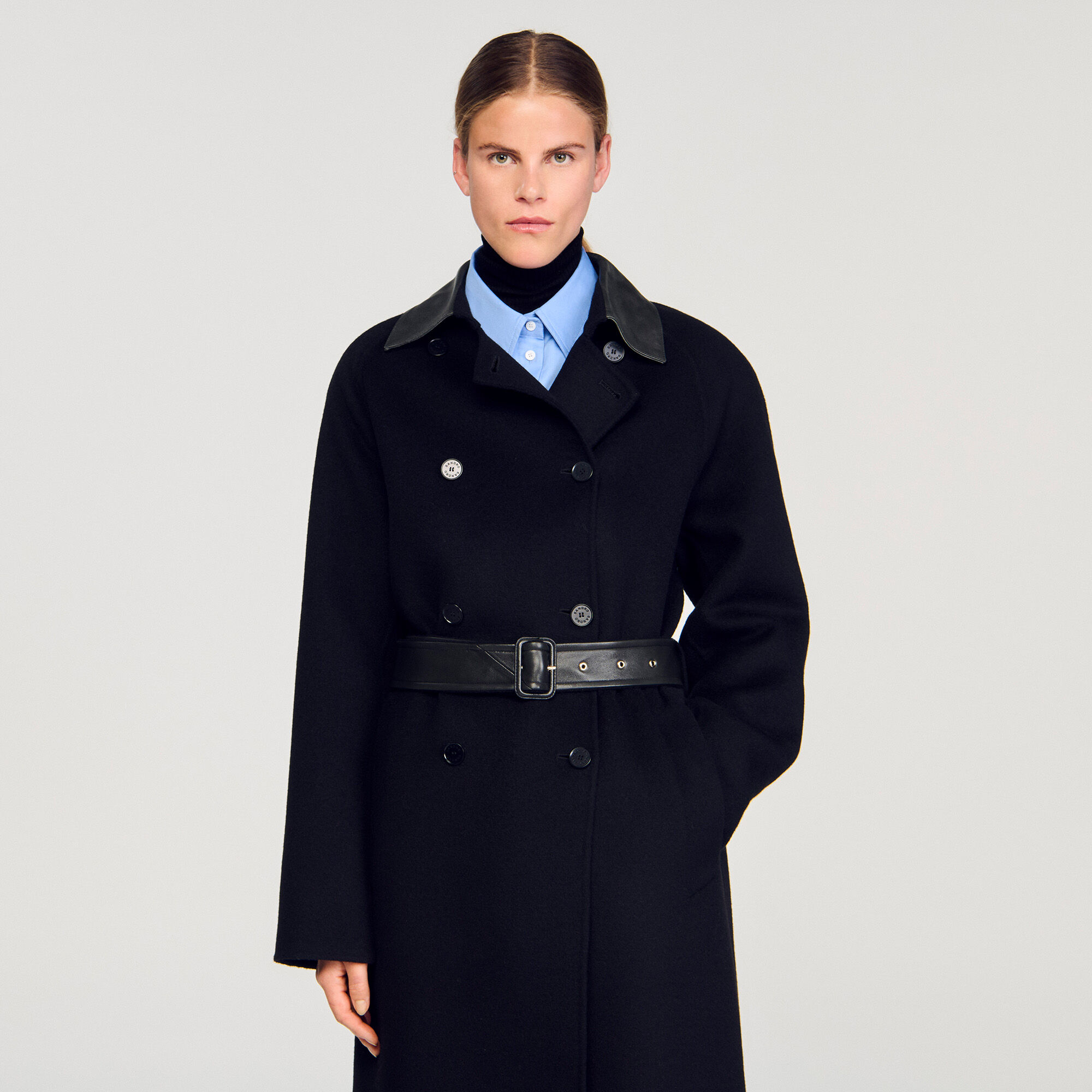 Long wool and leather coat
