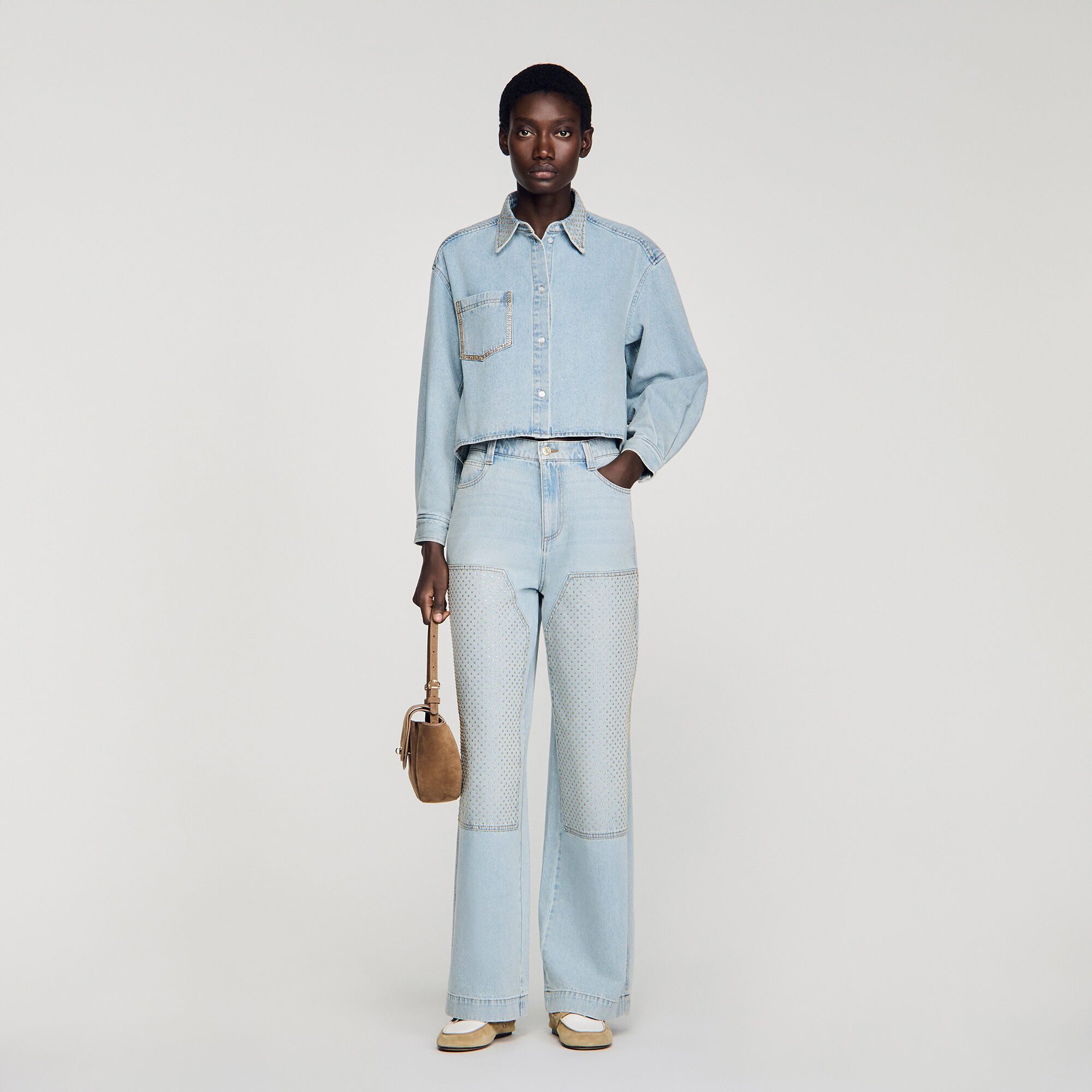 Rhinestone cropped denim shirt