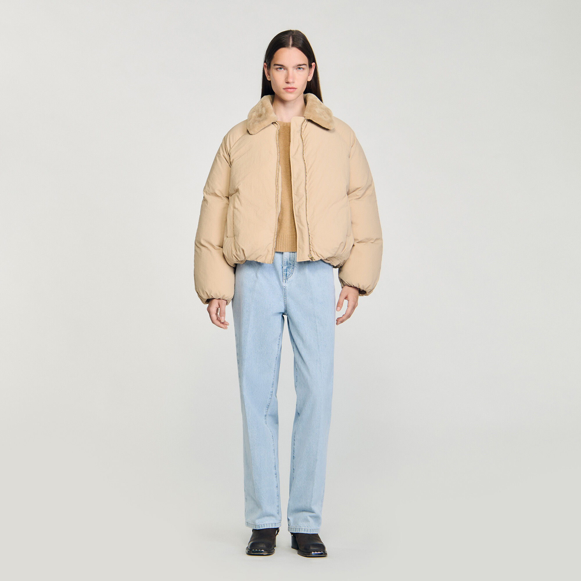 Puffer jacket with shearling collar