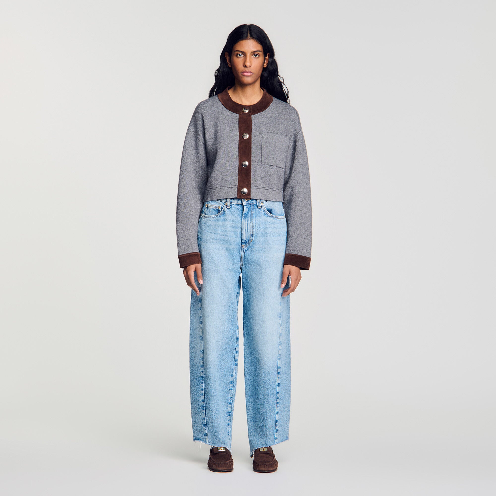 Cardigan with suede panels - Women | Sandro