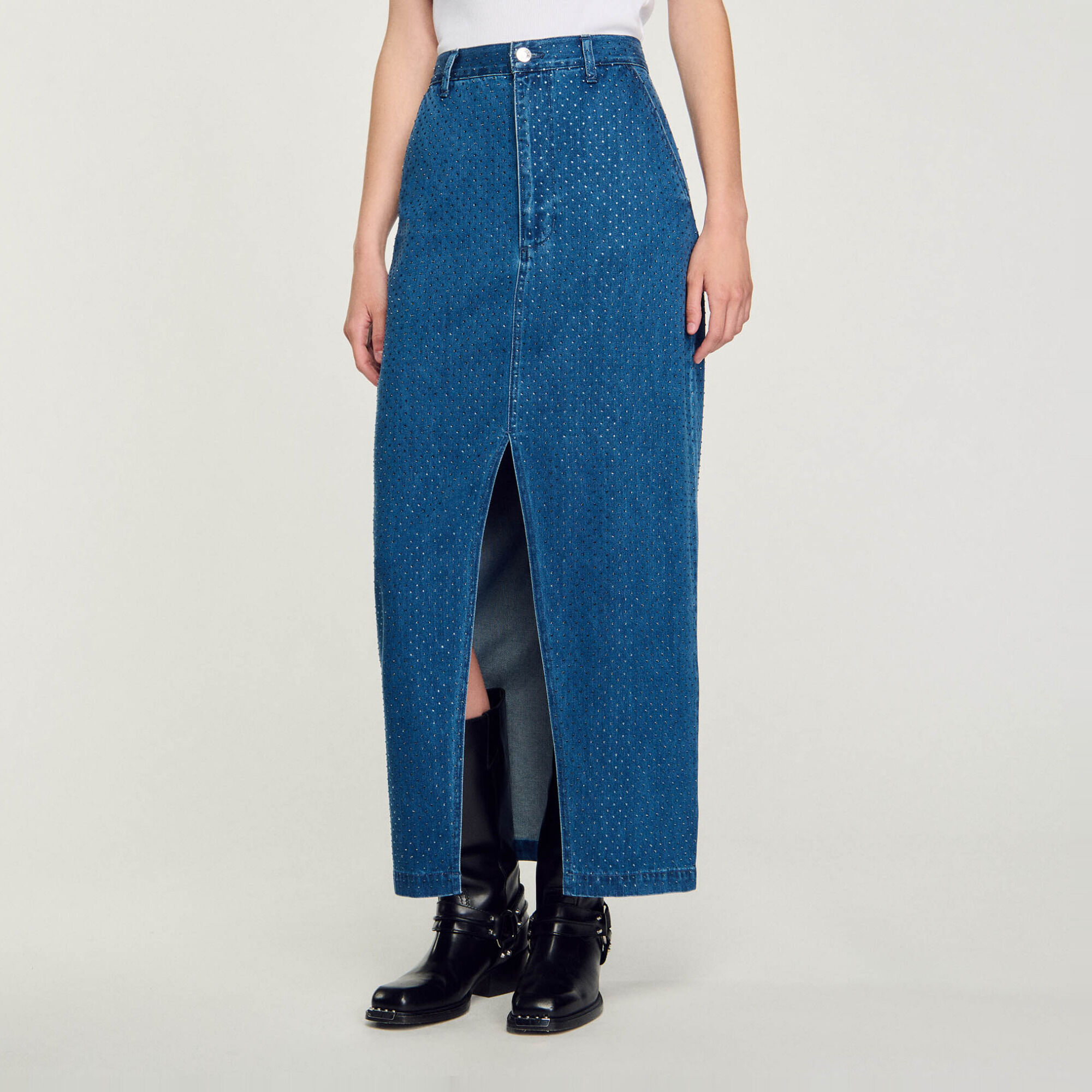 Rhinestone denim maxi skirt - Women | Sandro