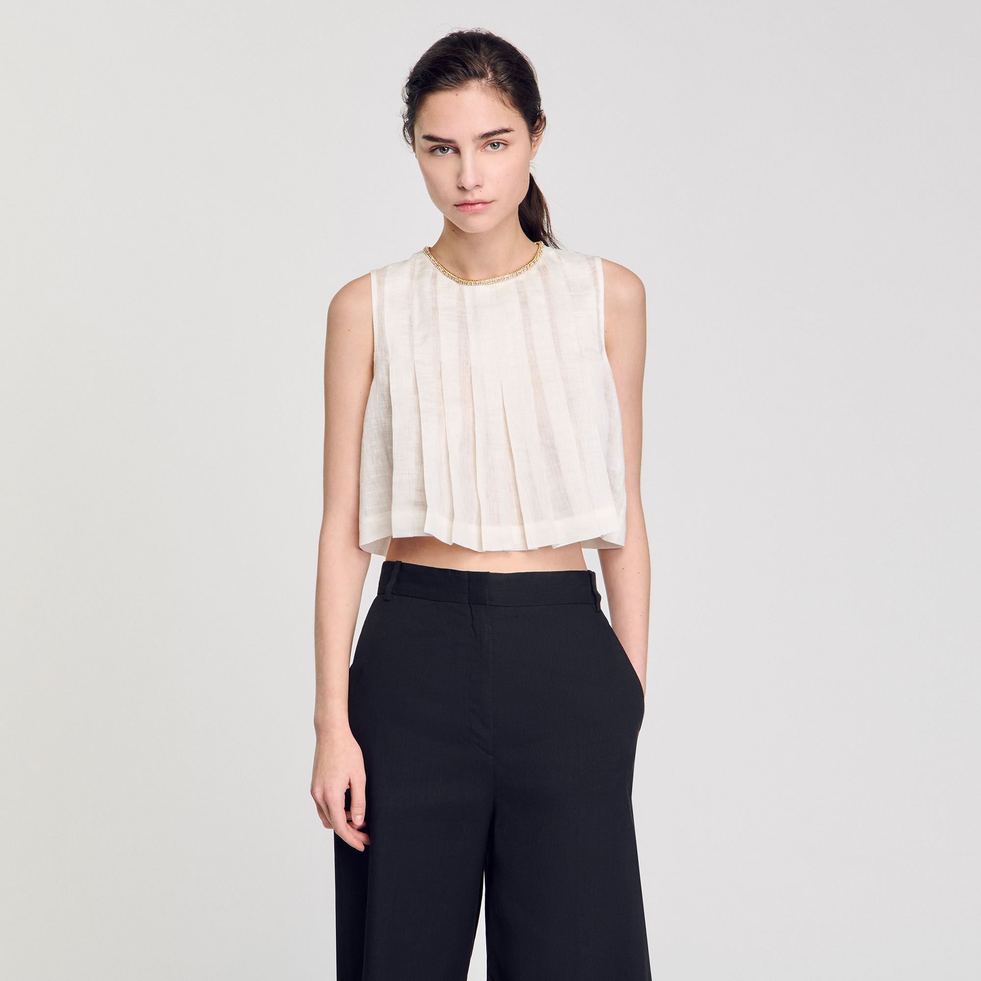 Pleated rhinestone neck crop top