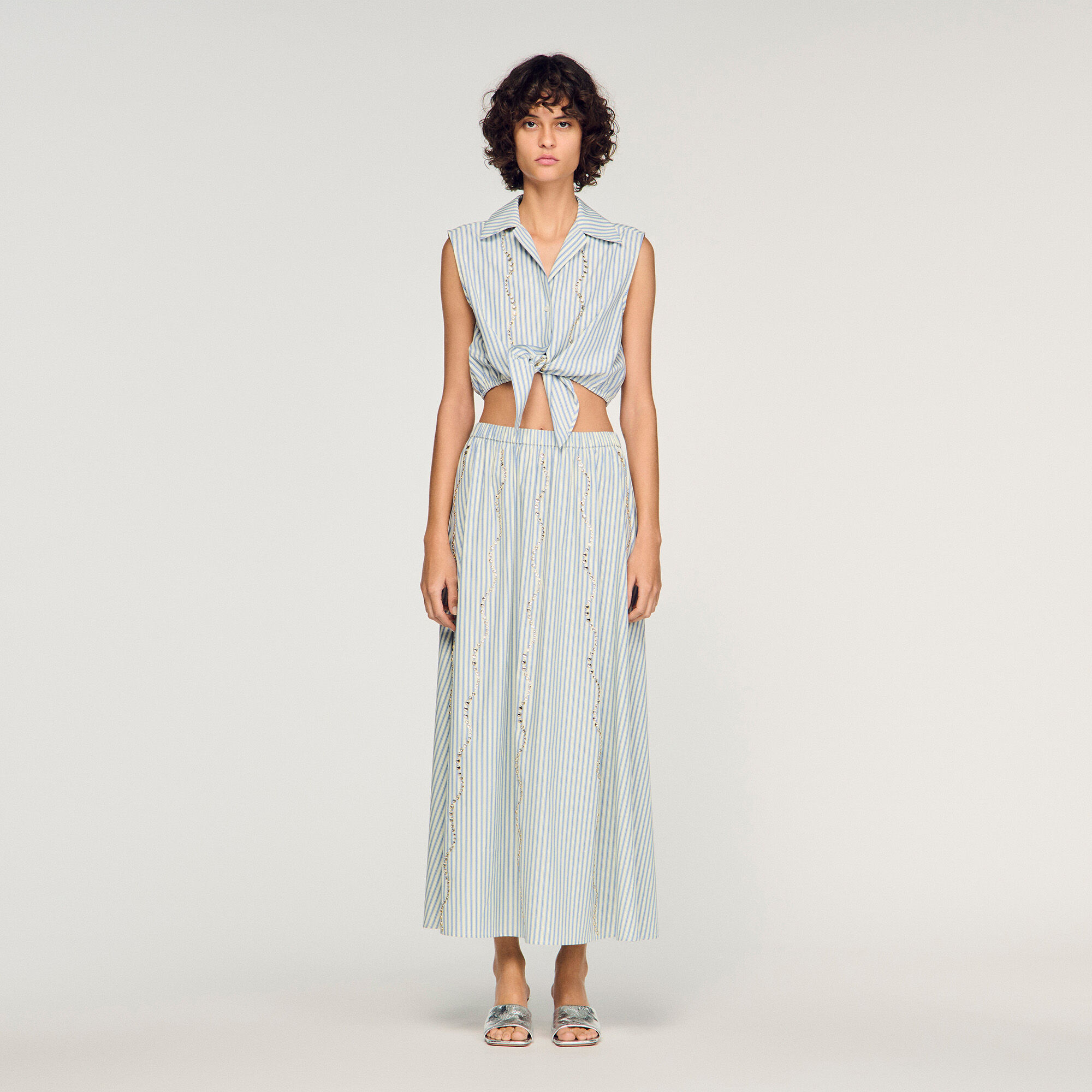 Rhinestone striped long skirt