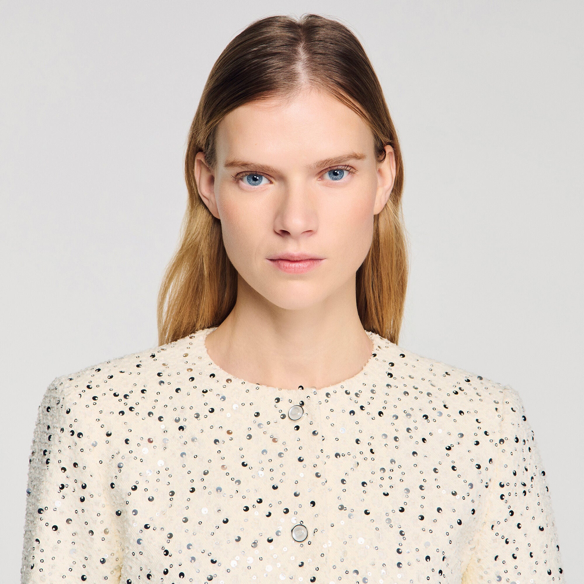 Cropped sequinned cotton jacket
