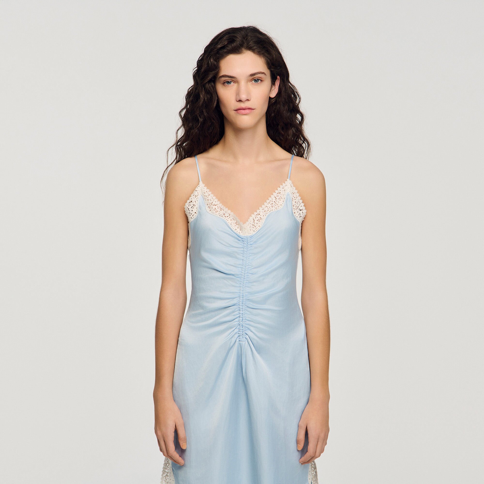 Satin-effect maxi dress with straps