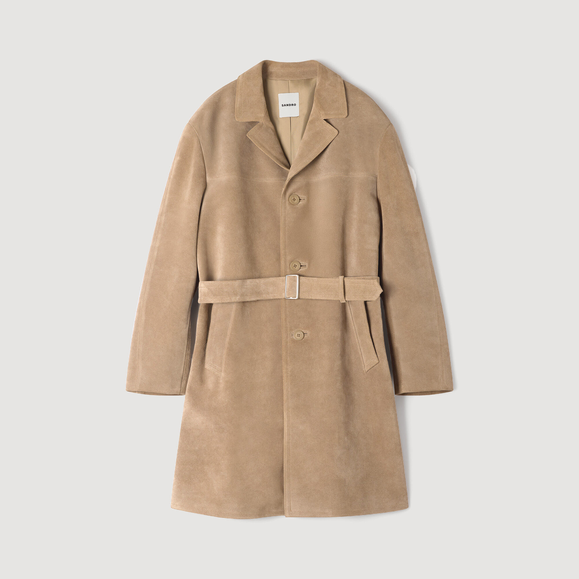 Long belted leather coat