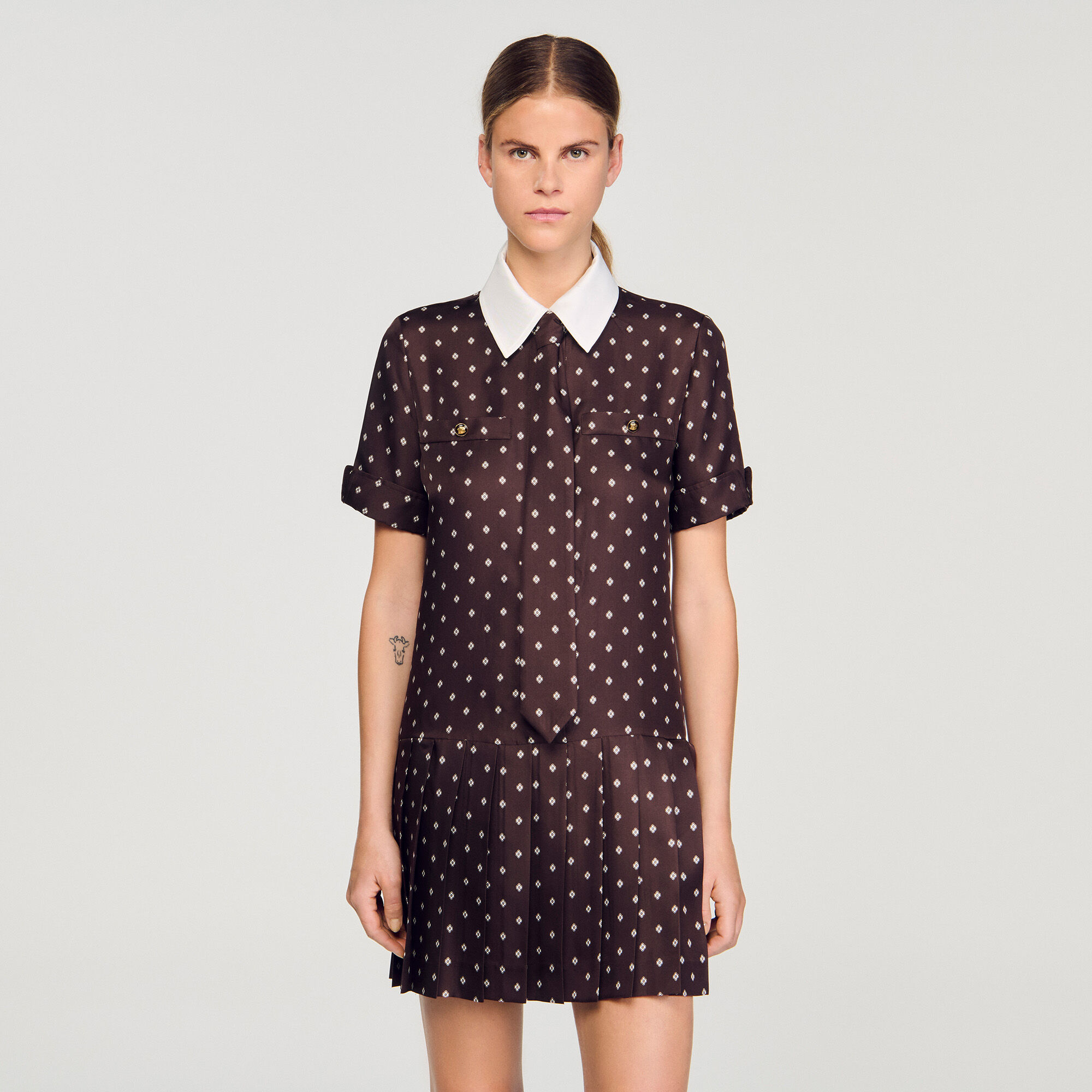 Printed satin-effect short dress