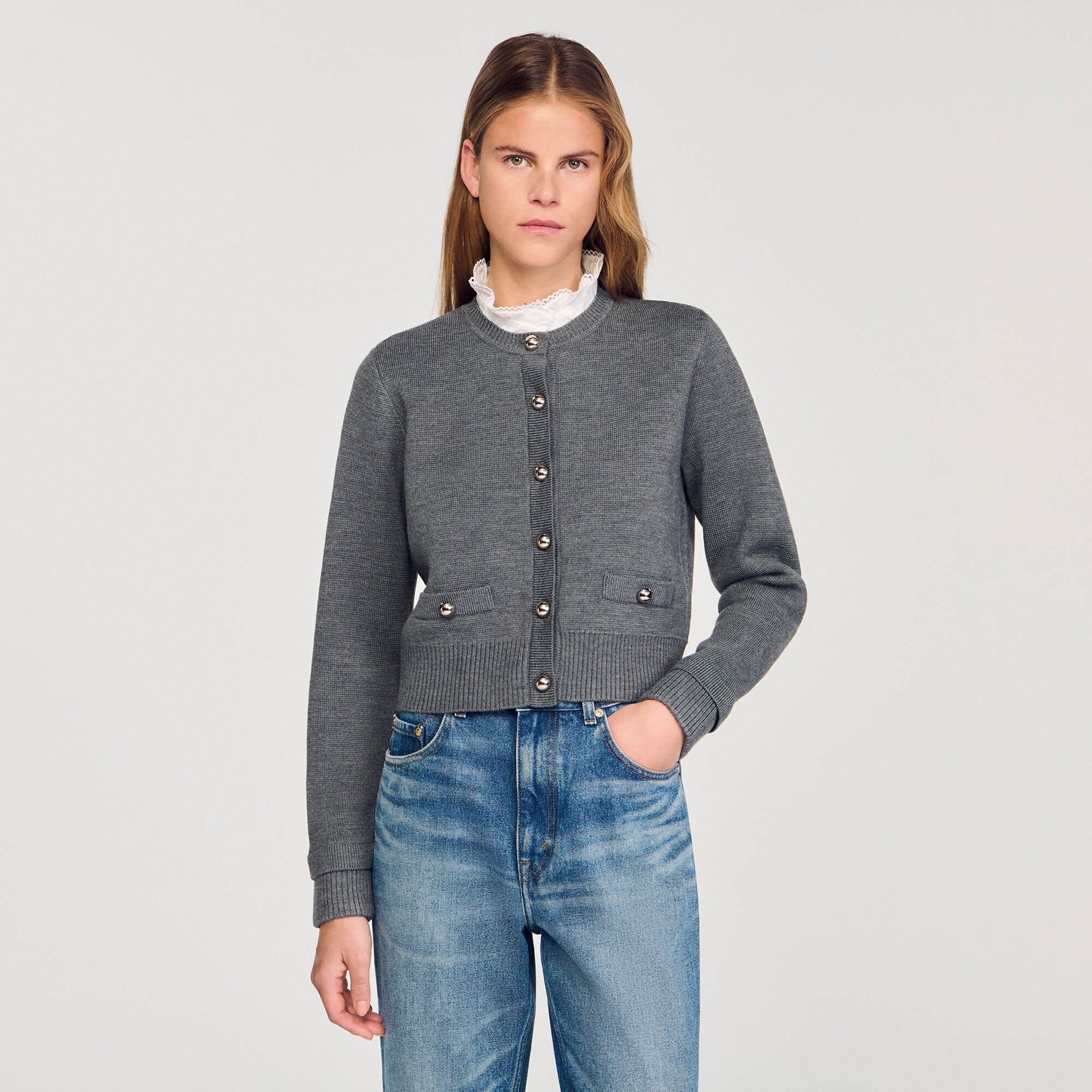 Cardigan with removable ruffle collar