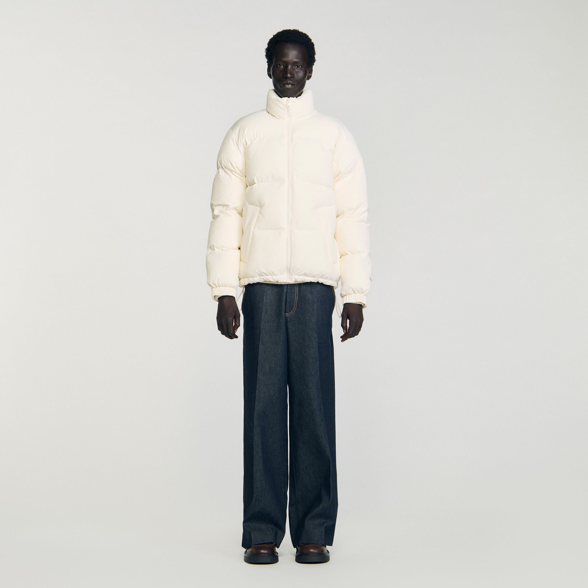 Hooded puffer with high collar