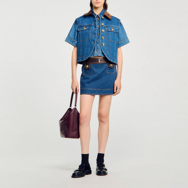 Short denim and leather skirt - Women | Sandro