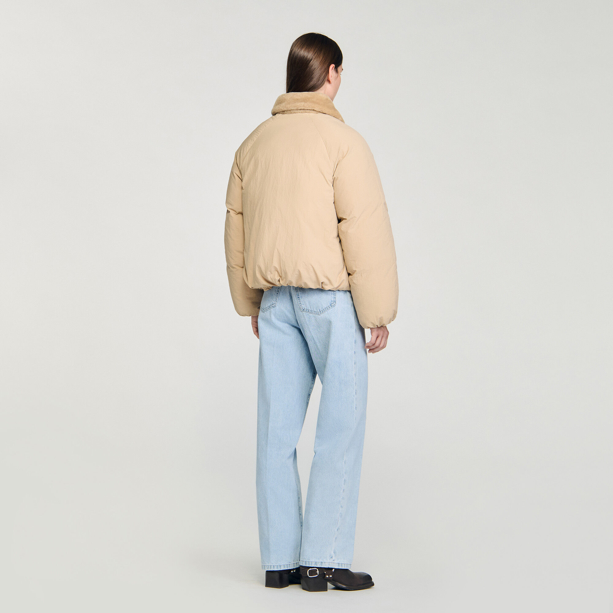Puffer jacket with shearling collar