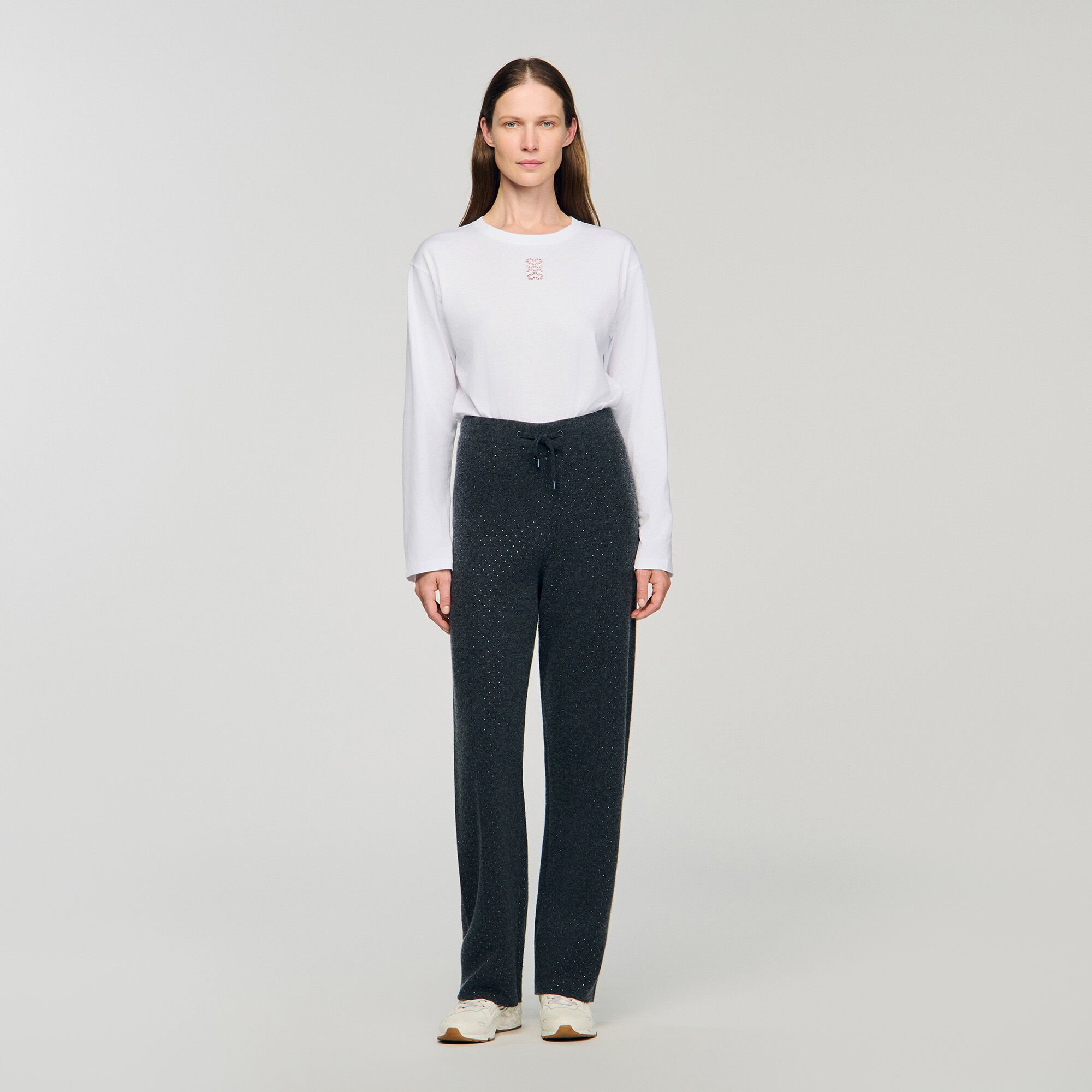Knit rhinestone-covered trousers