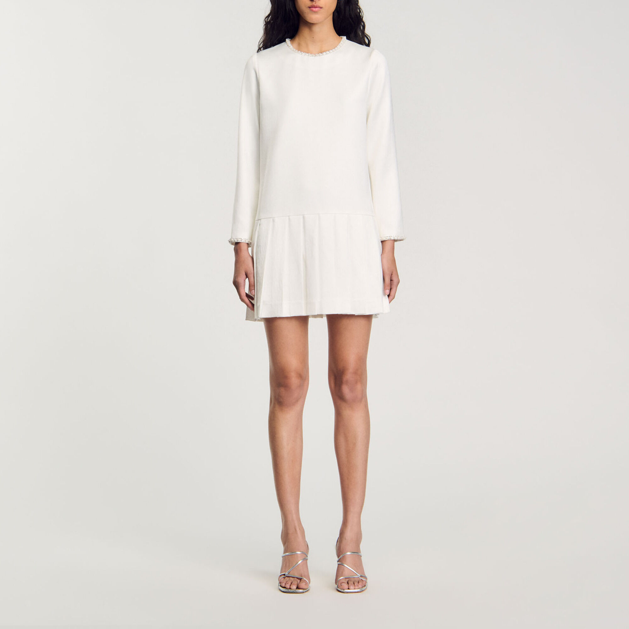 Short satin-effect beaded dress