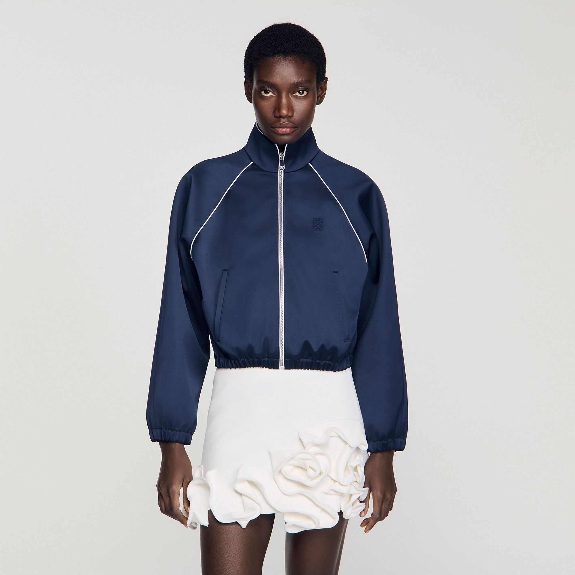 Embroidered cropped satin jacket