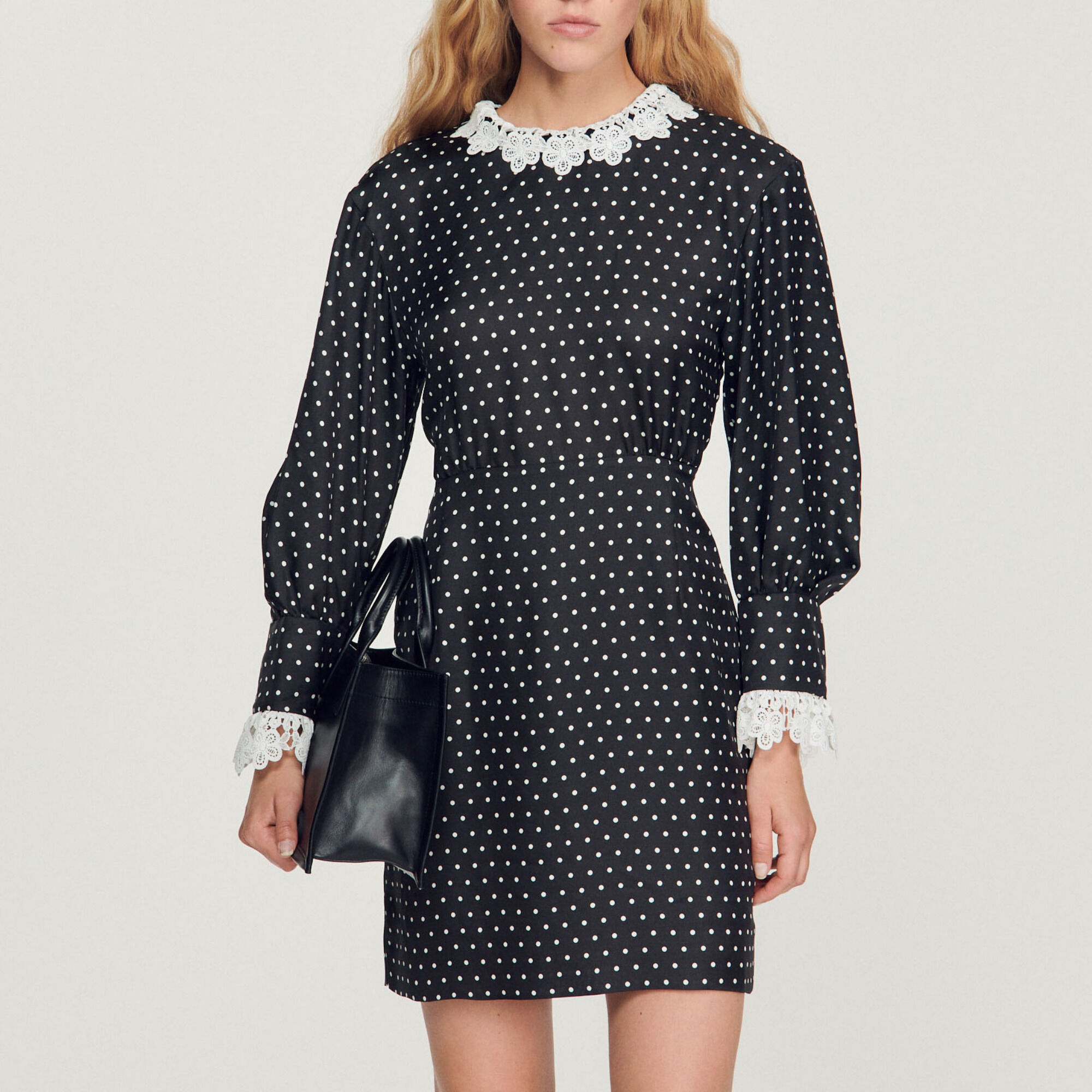 Short flowing polka dot dress black gray For Women Sandro Paris