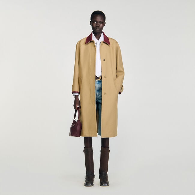 Trench coat with leather collar