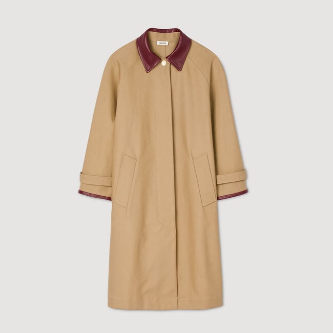 Trench coat with leather collar