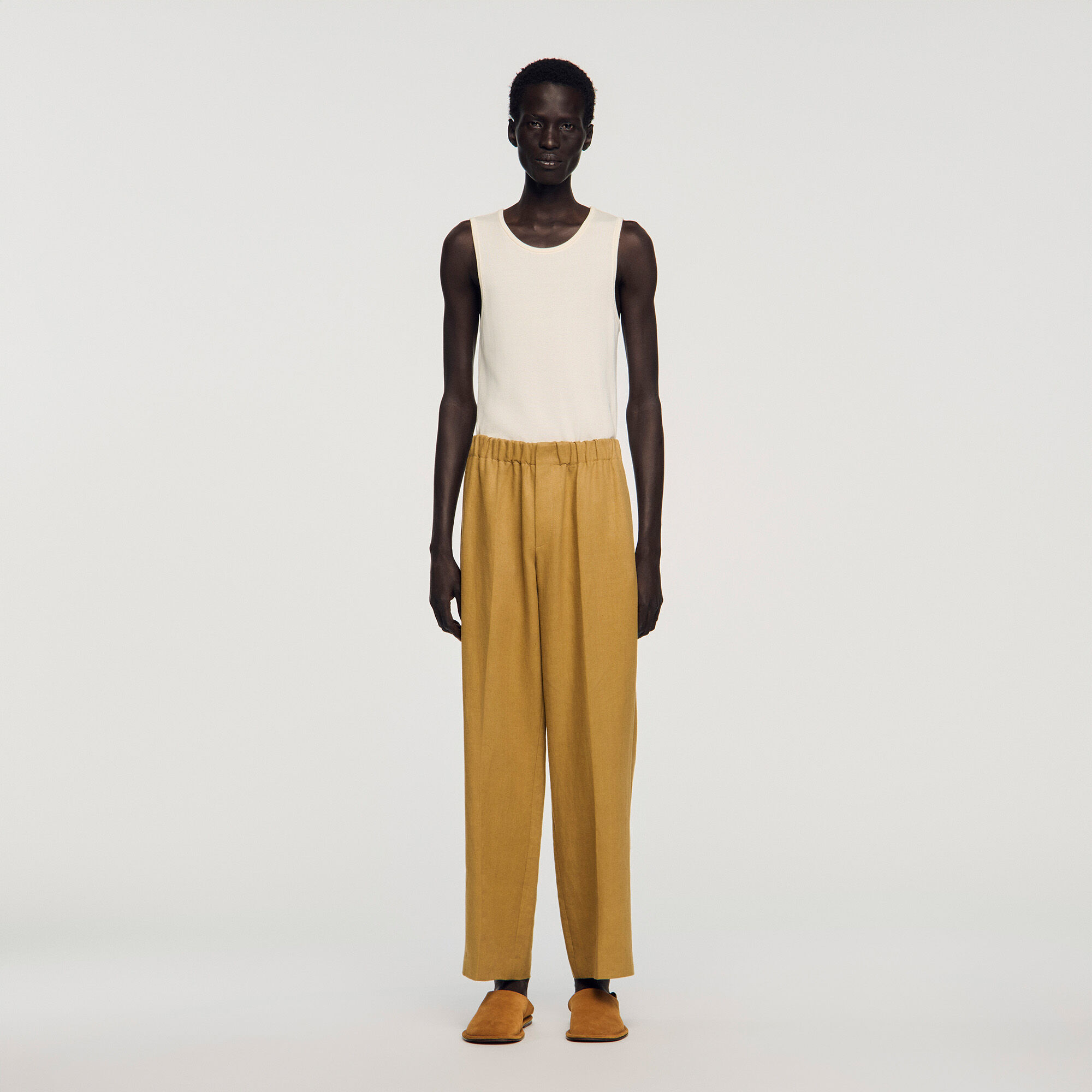 Wide-leg elasticated linen trousers