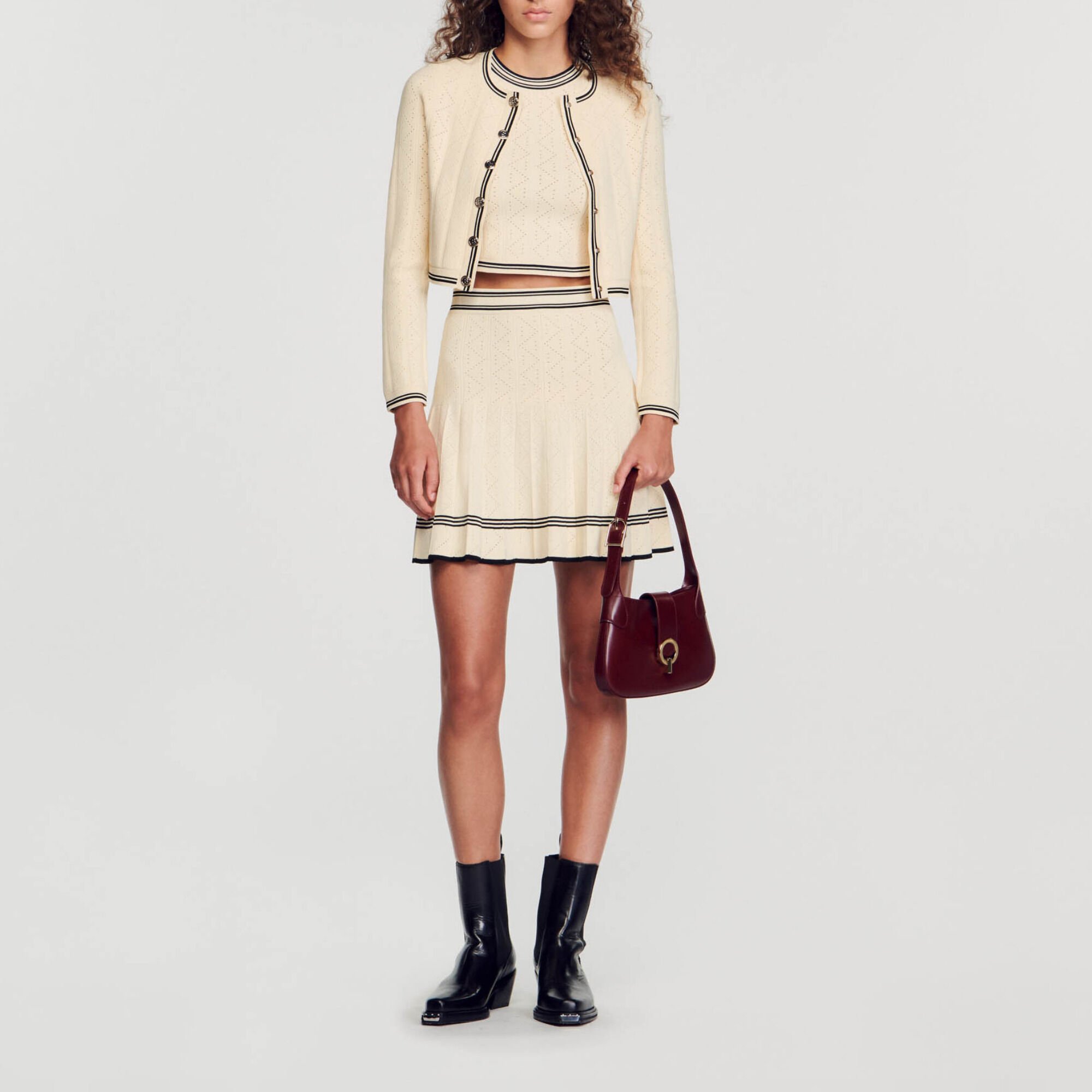 Cropped pointelle knit cardigan