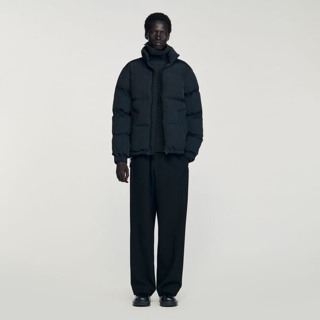 Hooded puffer with high collar