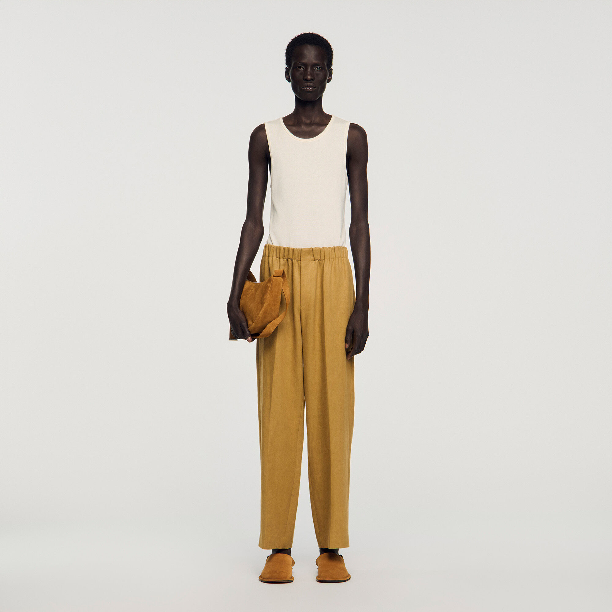 Wide-leg elasticated linen trousers