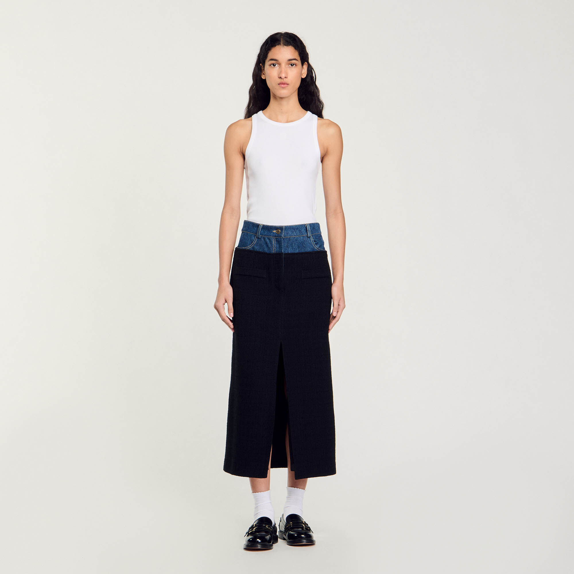 Dual-material denim and tweed skirt