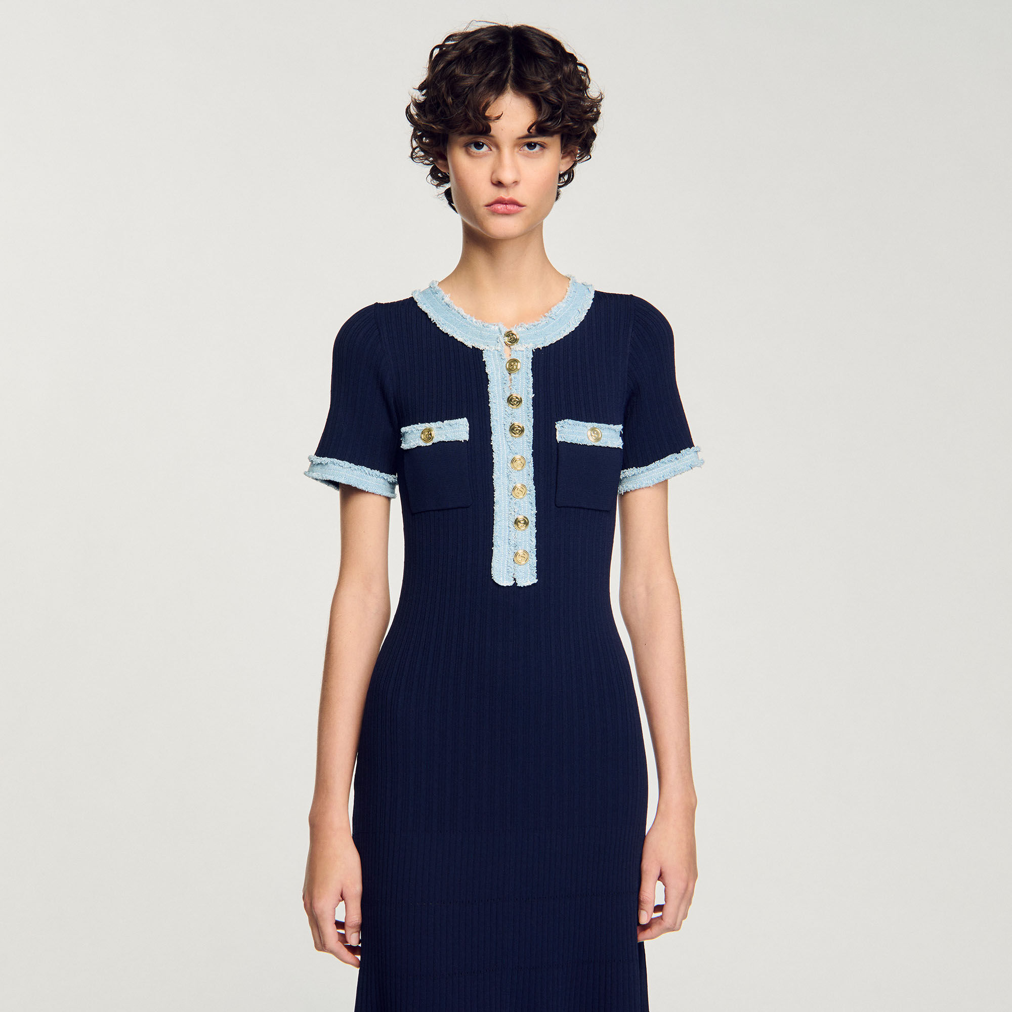 Knit and denim midi dress