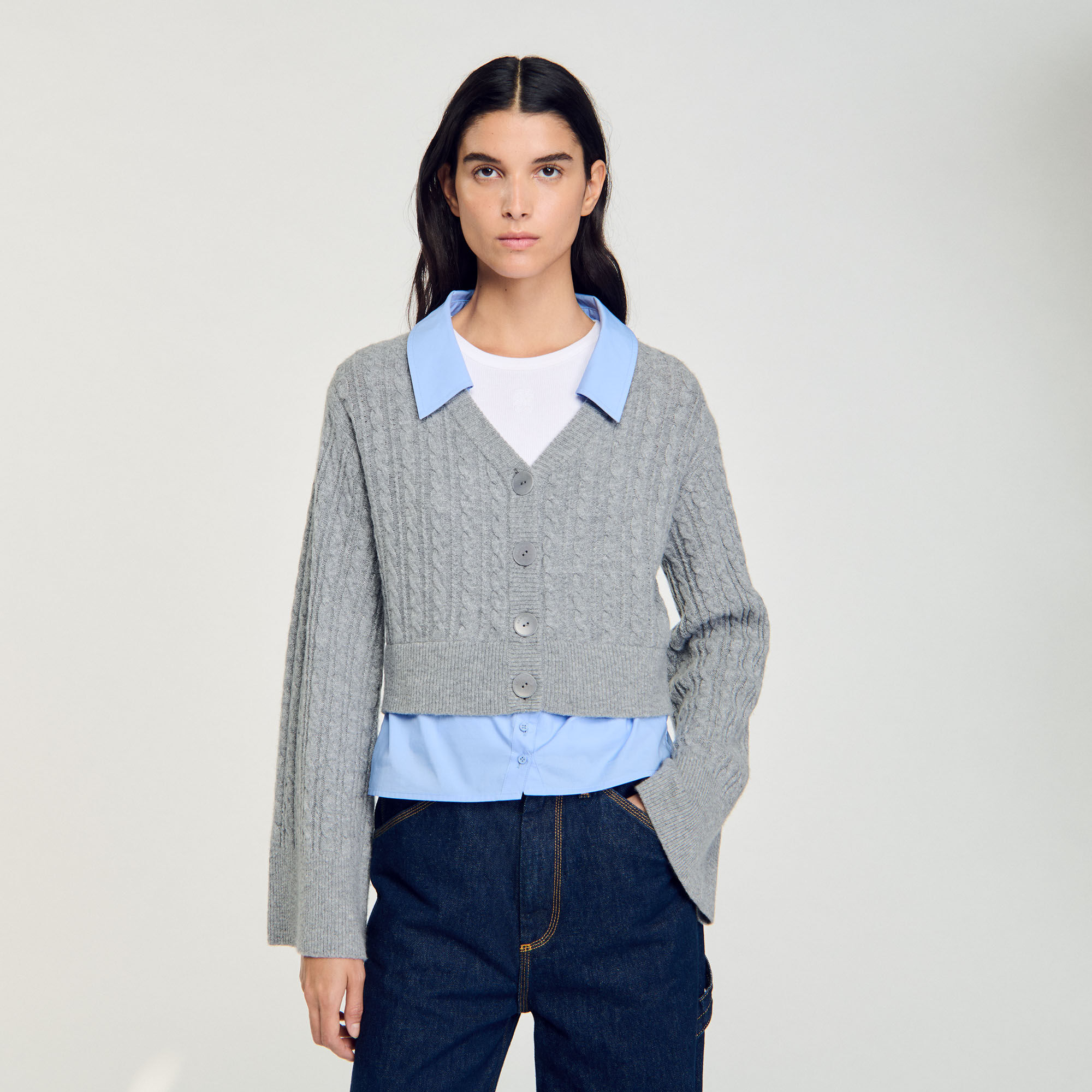 Cardigan with removable shirt collar