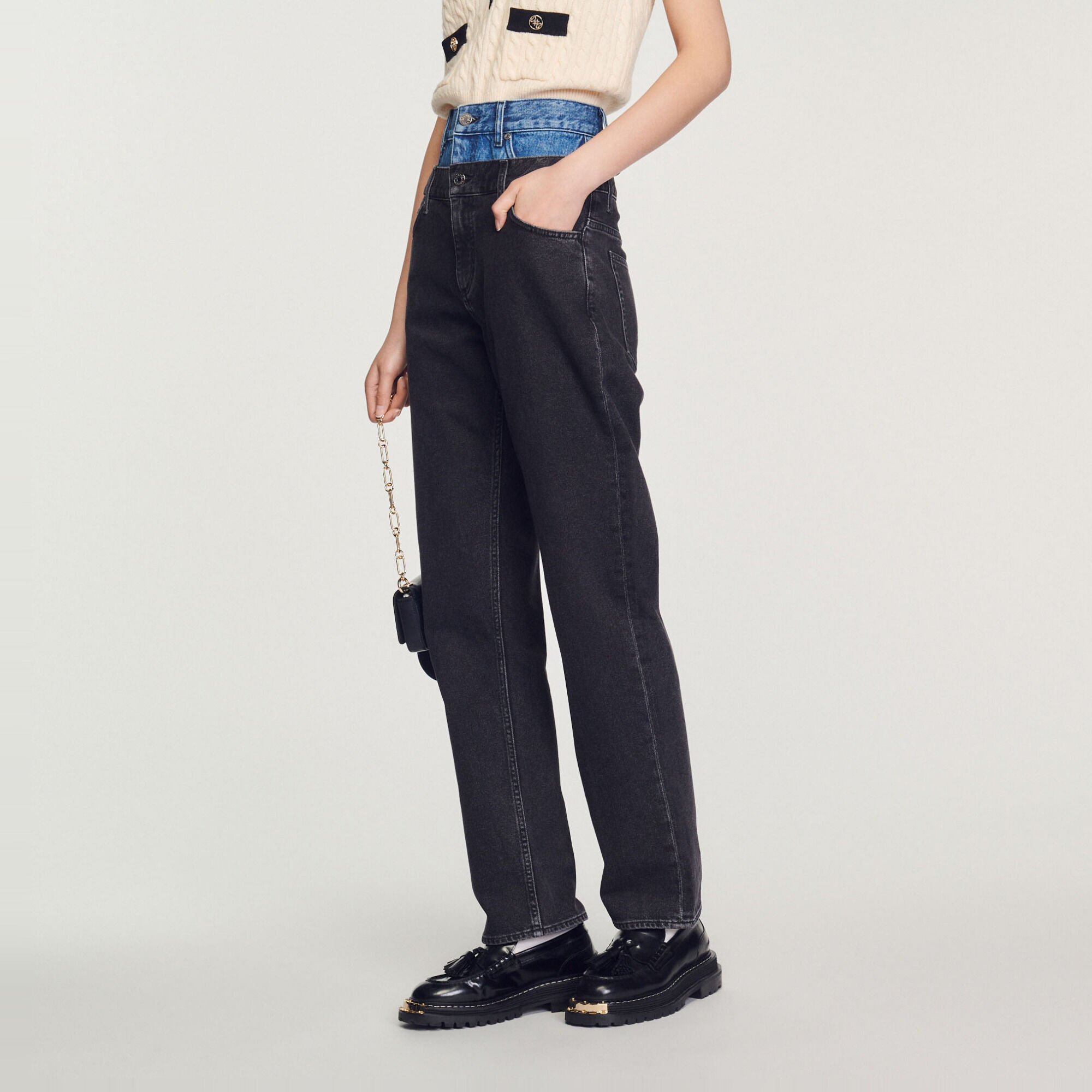 Two-tone double-waisted jeans