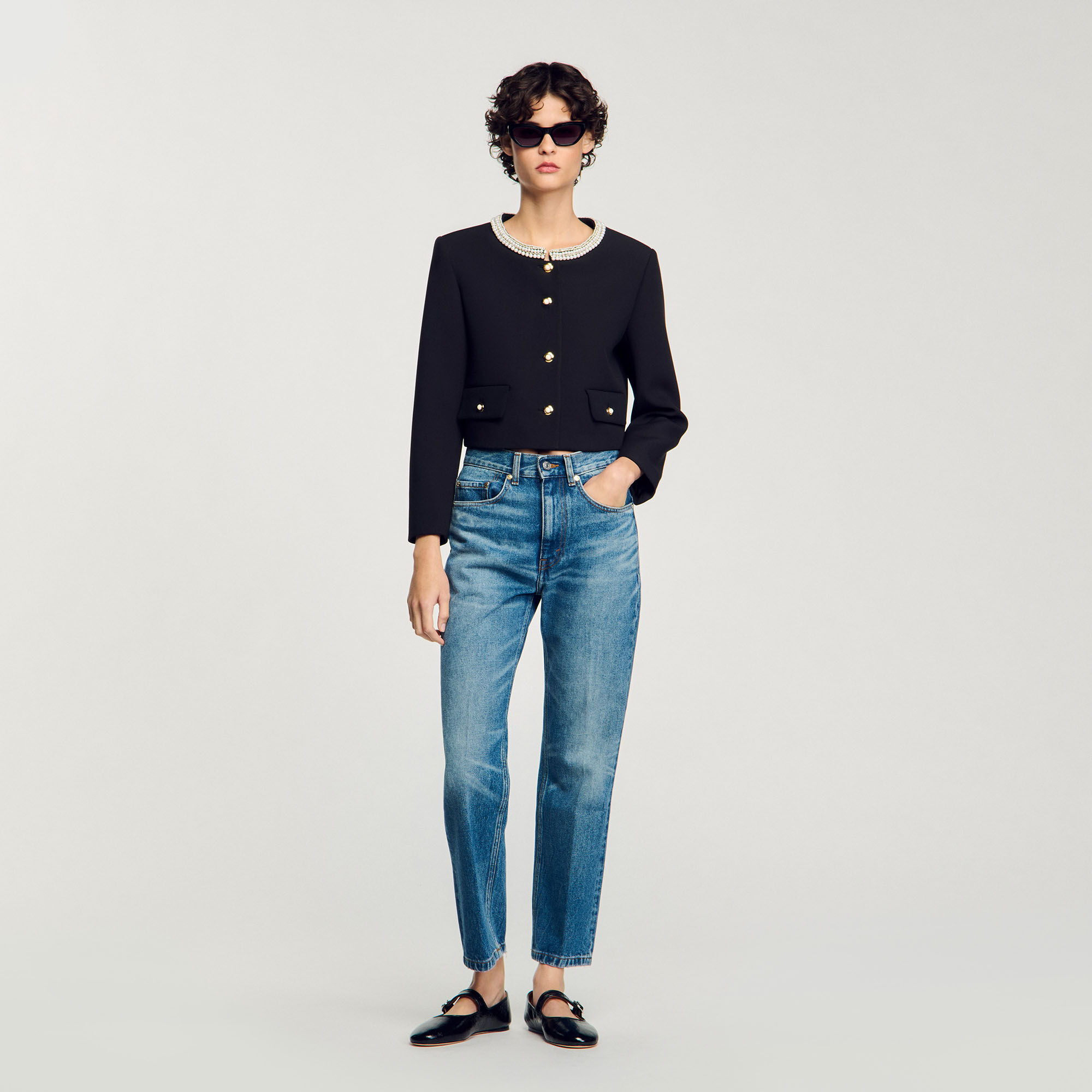 sandro サンドロ 完売 ノーカラー コート ネイビー 金ボタン