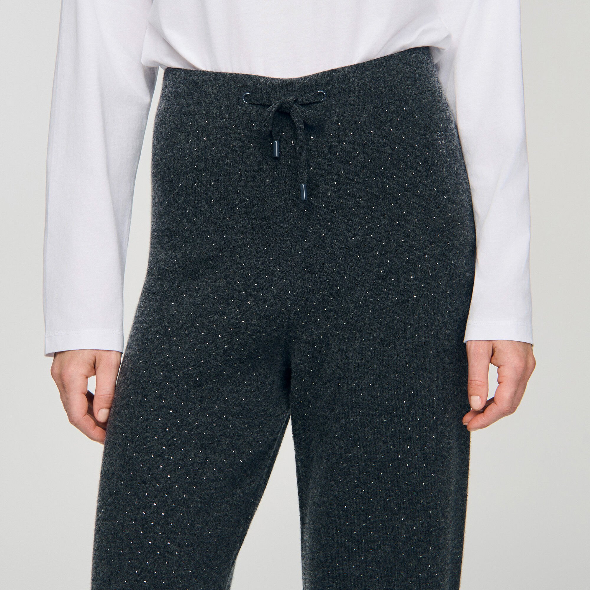 Knit rhinestone-covered trousers