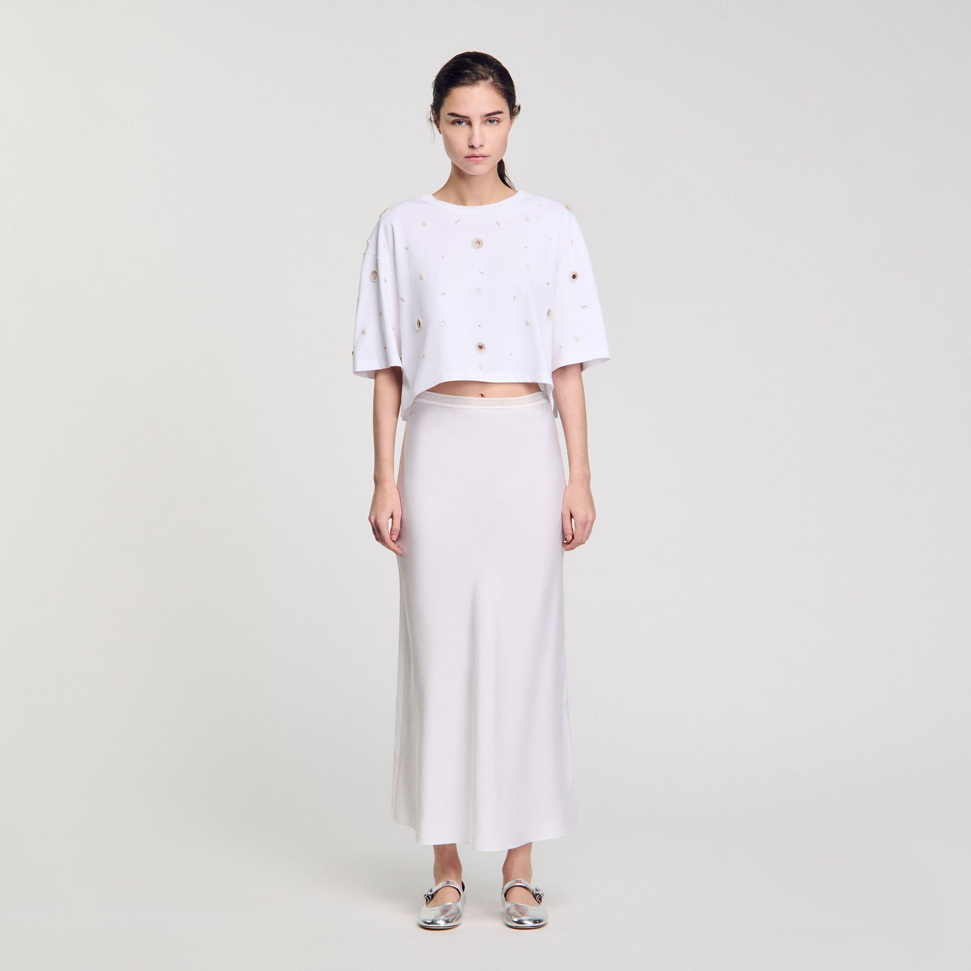 Cropped pearl bead T-shirt