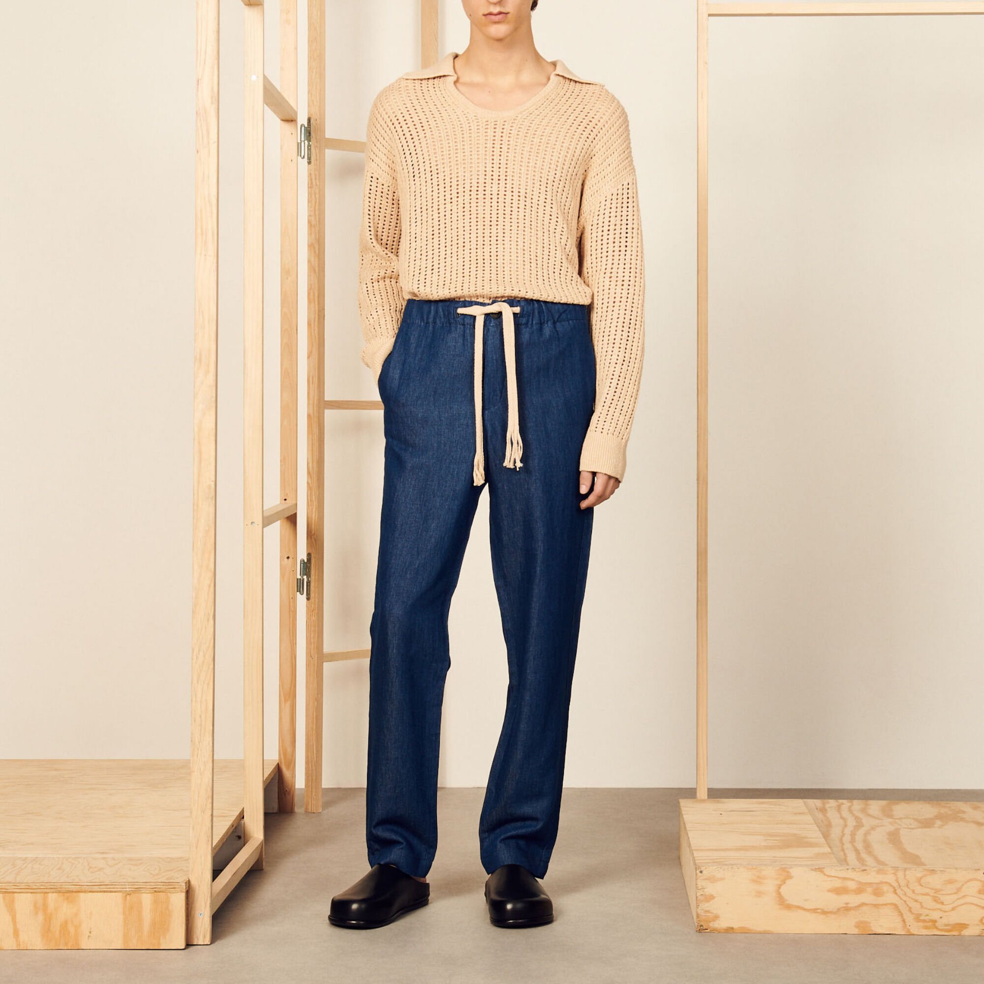 Wide-leg chambray trousers