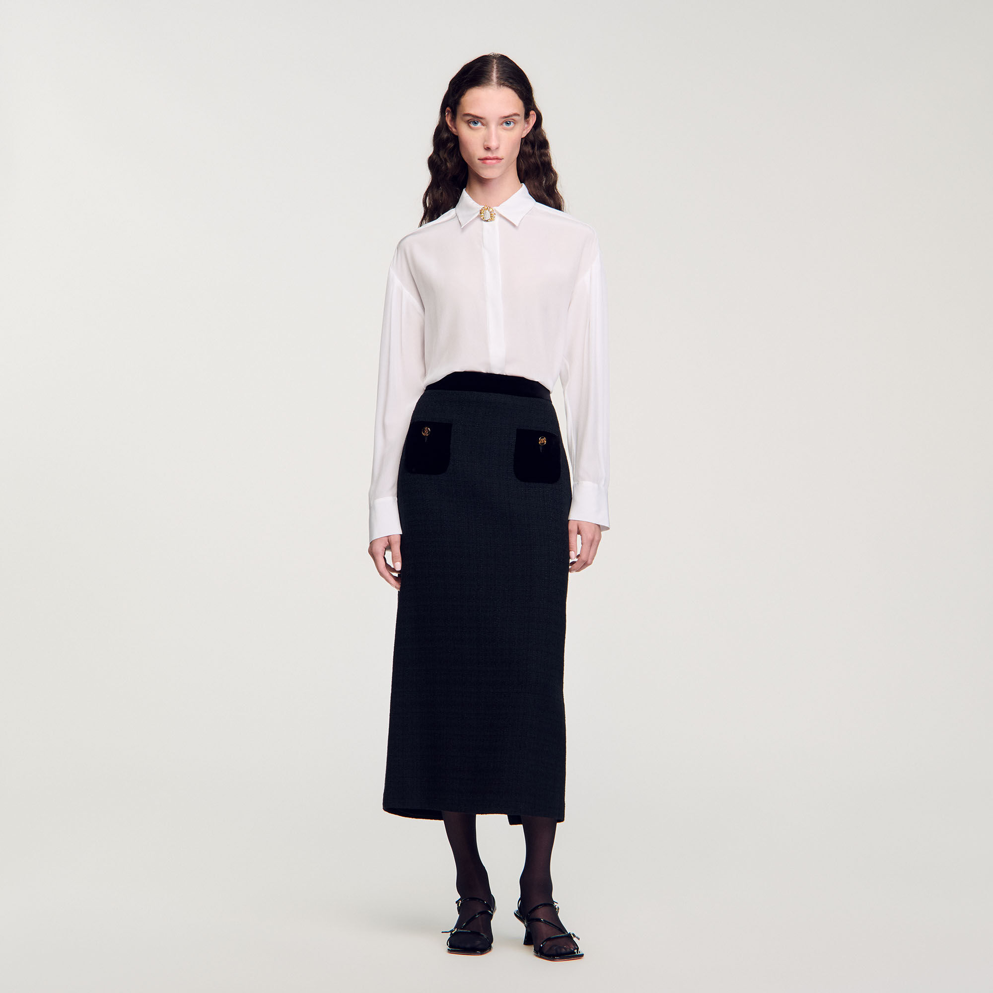 Tweed and velvet maxi skirt