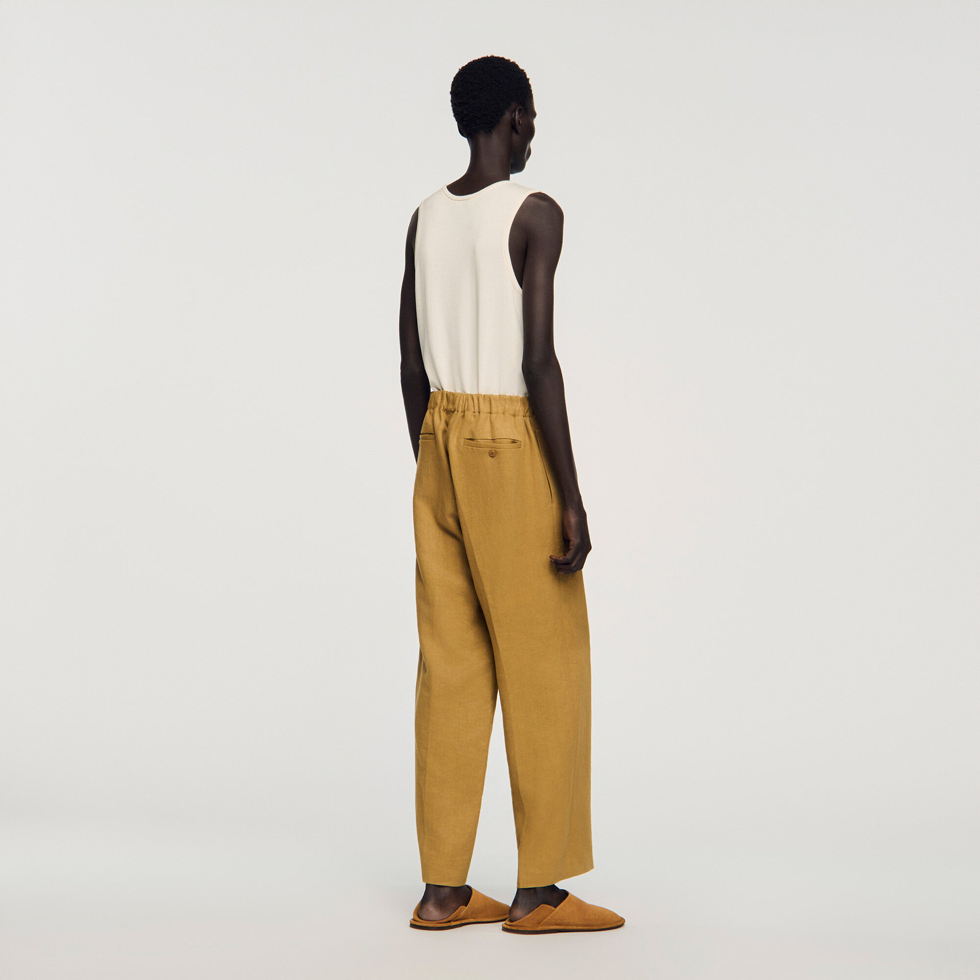 Wide-leg elasticated linen trousers
