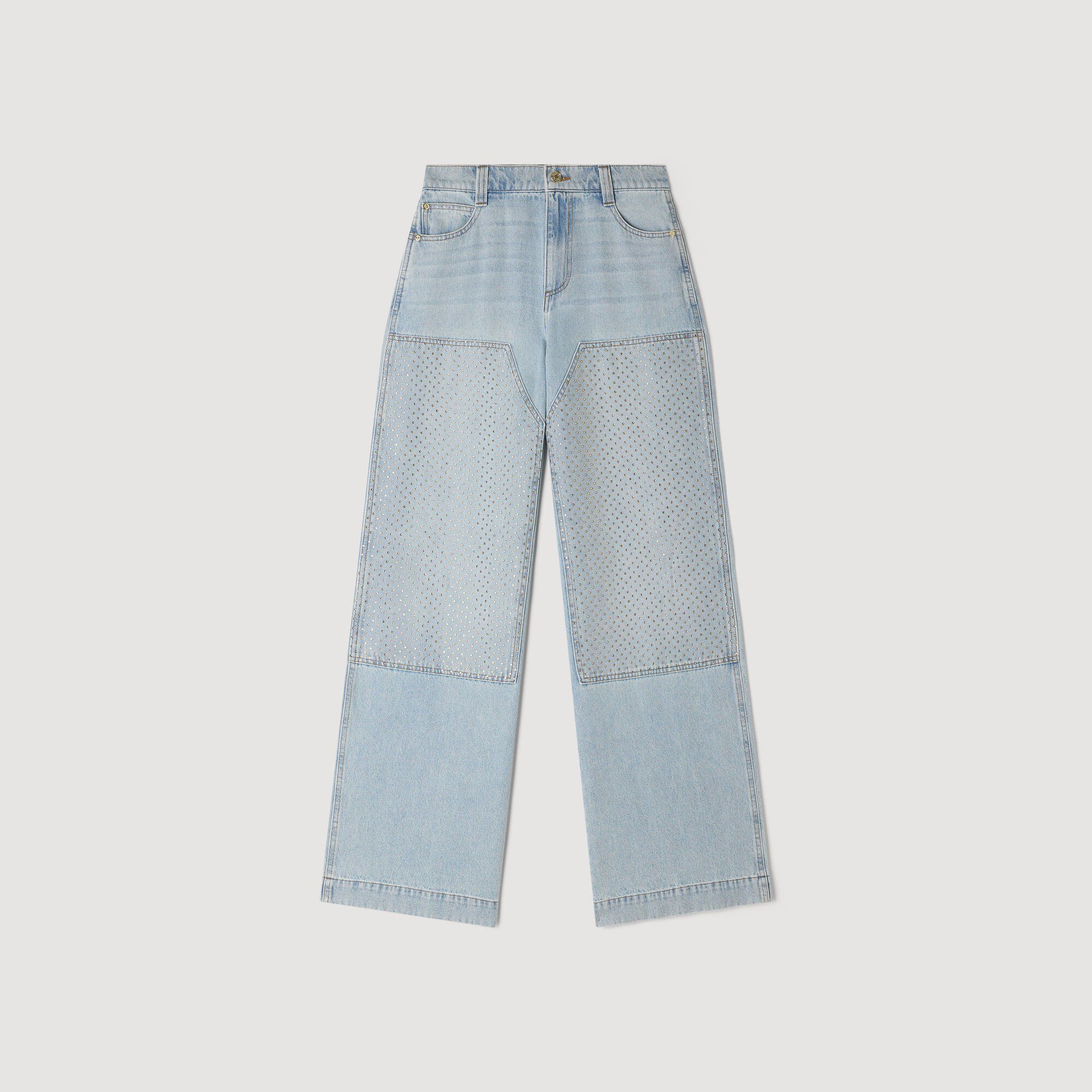 Faded straight crystal patch jeans