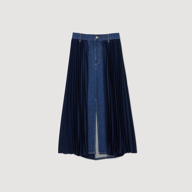 Dual-material denim pleated skirt