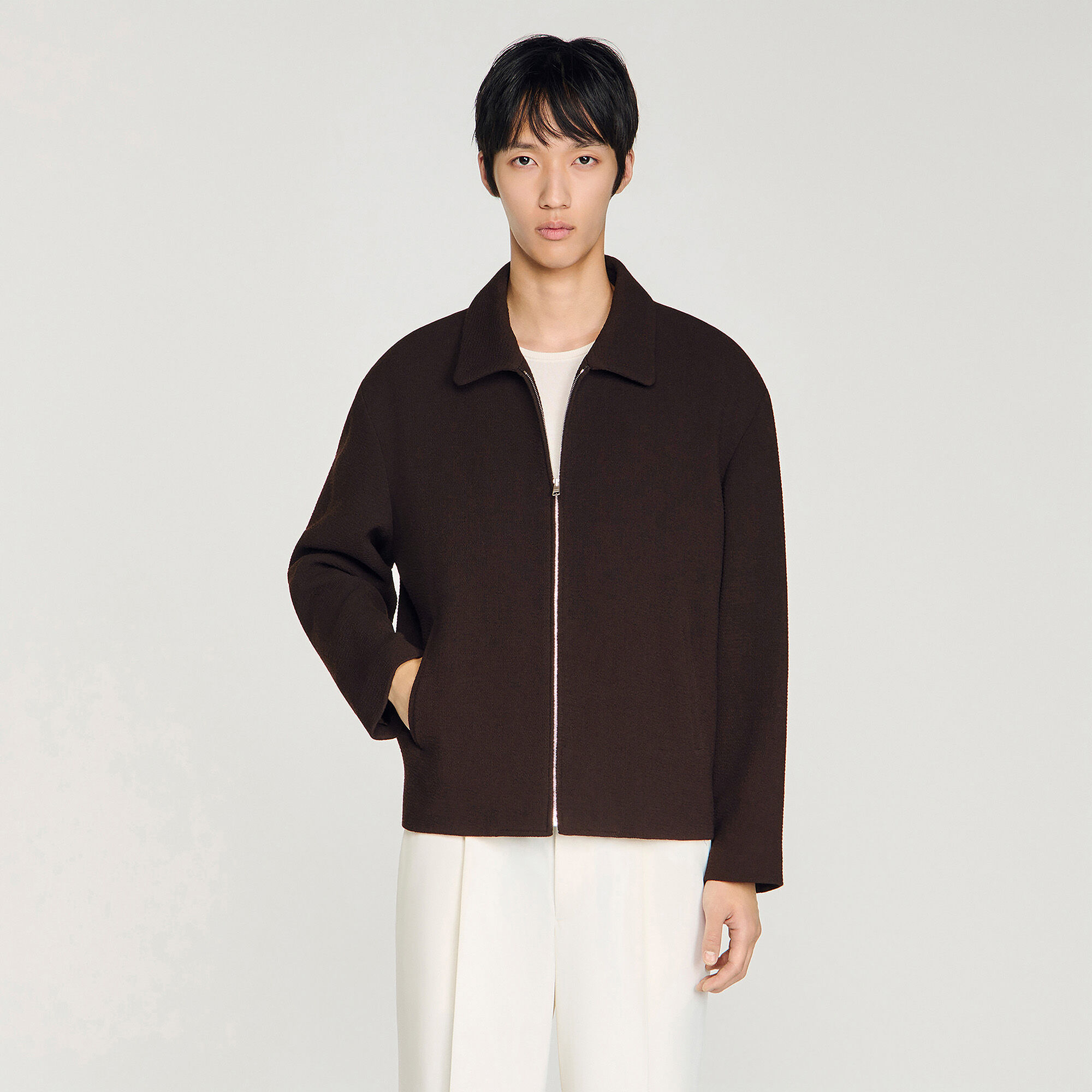 Waffled regular collar zip jacket
