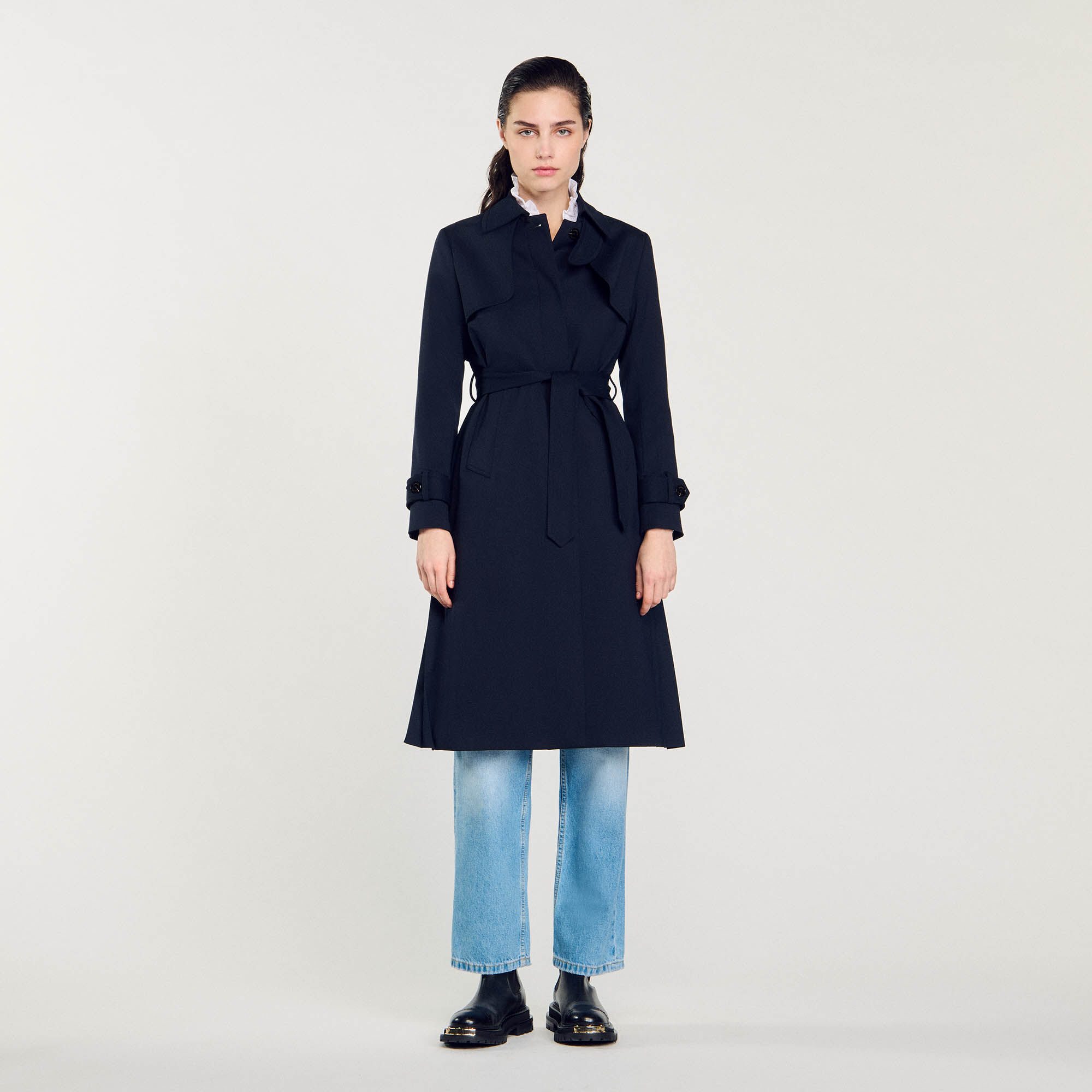 Trench coat with pleated inset blue For Women Sandro Paris