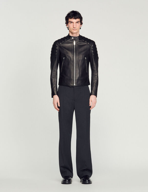 Leather jacket with quilted trims Black Homme