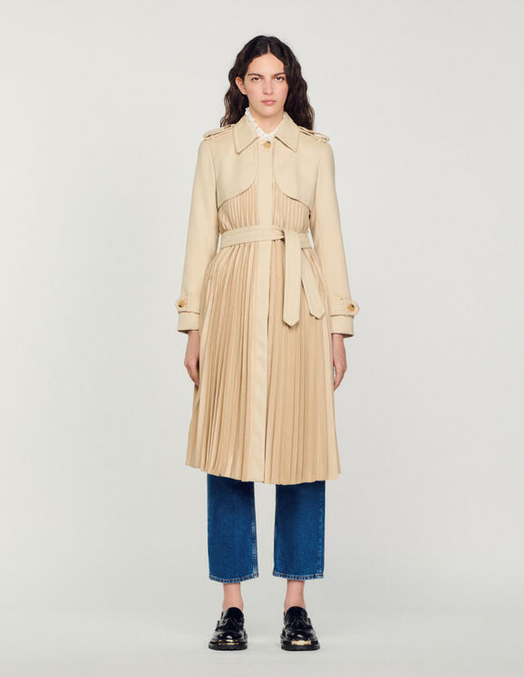 Pleated trench coat with belt Beige Femme