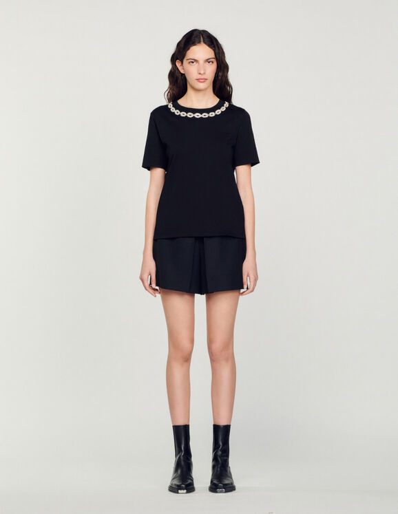 Organic cotton jewelled collar T-shirt Black Femme