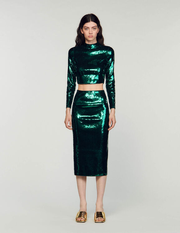 Cropped knit jumper with sequins Green Femme