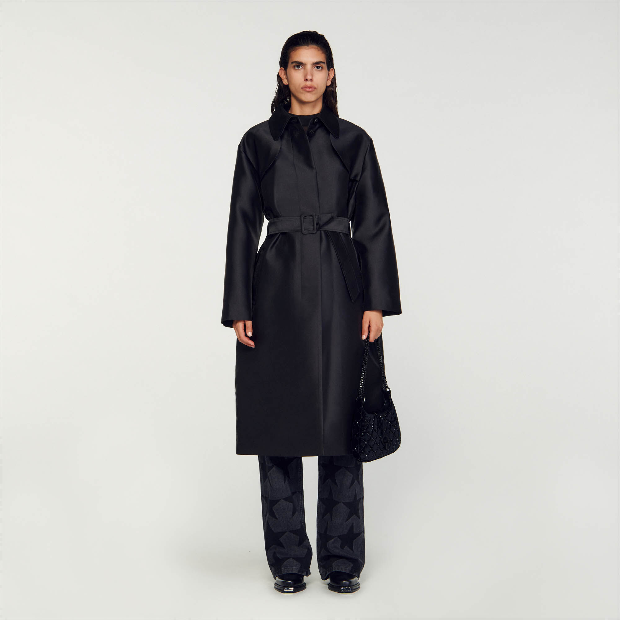 Sandro flowing tartan trench coat sale