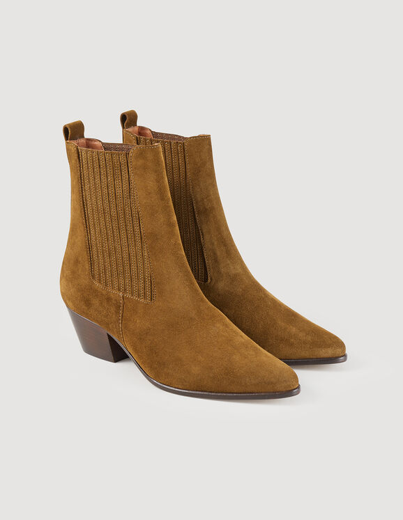 Leather ankle boots with elastic Olive Green Femme